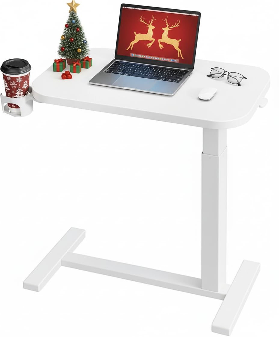 HUANUO 28Inch Bedside Table with Wheels, Height-Adjustable Rolling Computer Cart, Overbed Table with Cup Holder, Pneumatic Laptop Standing Desk for Home Office, Black