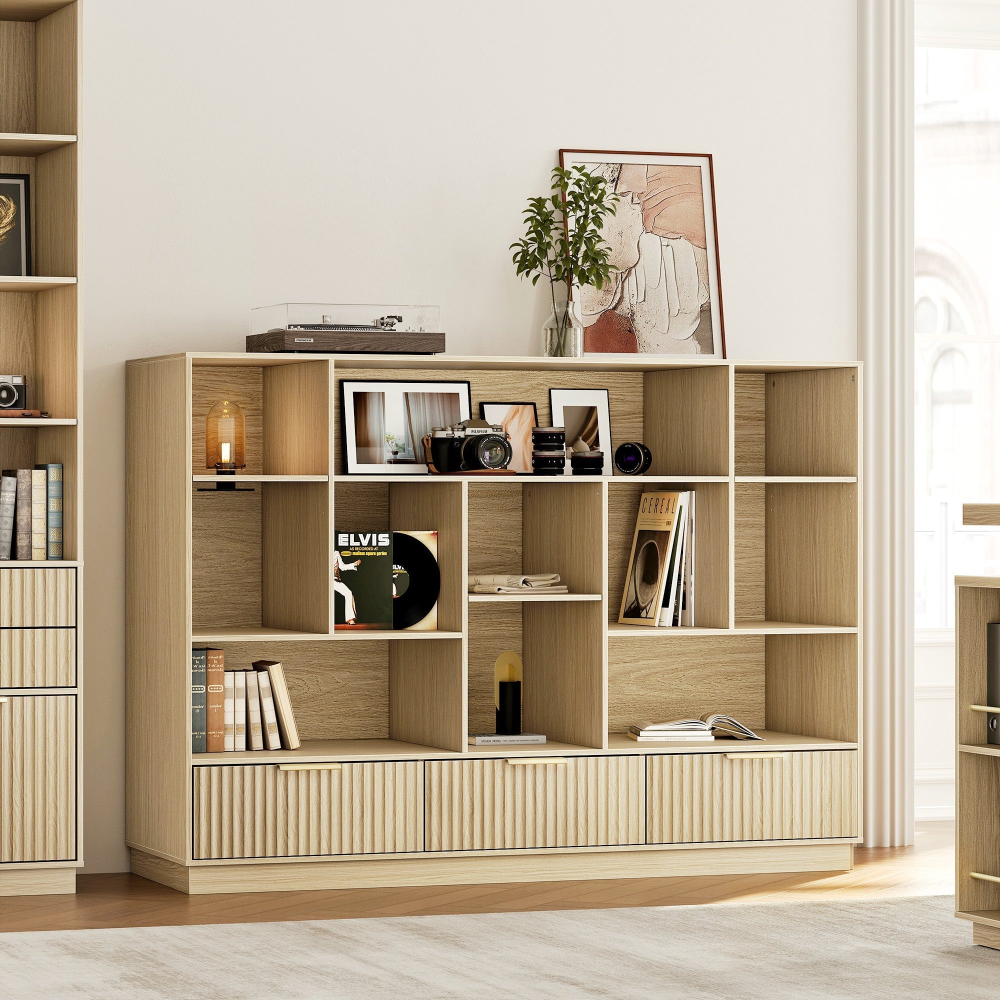 60" Wide Bookshelf with Storage Cabinet - Fluted – Natural Oak