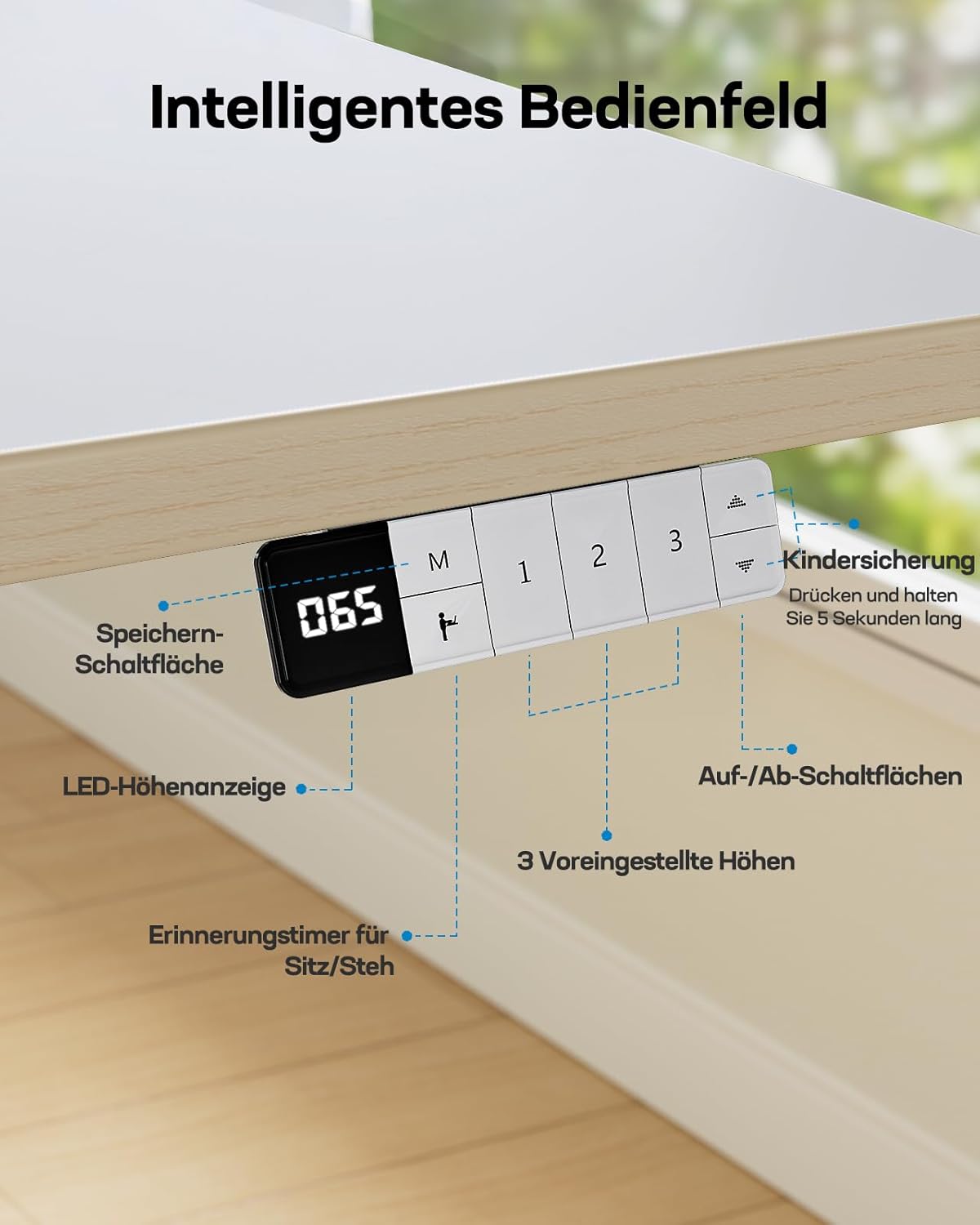 HUANUO Elektrischer Kinderschreibtisch Höhenverstellbar 120 x 60 cm, Höhenverstellbarer Schreibtisch Ganze Tischplatte mit 3 voreingestellten Höhen