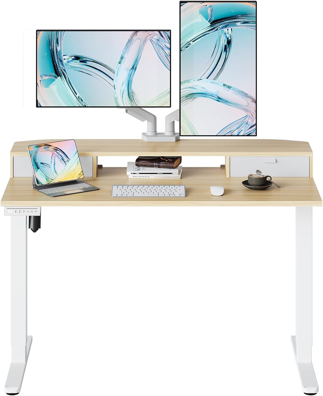HUANUO Höhenverstellbarer Schreibtisch 120x60 cm mit Schubladen, kompatible C-Klemme-Halterung, Schreibtisch Höhenverstellbar mit 4 Gedächtnis-Höheneintellungen