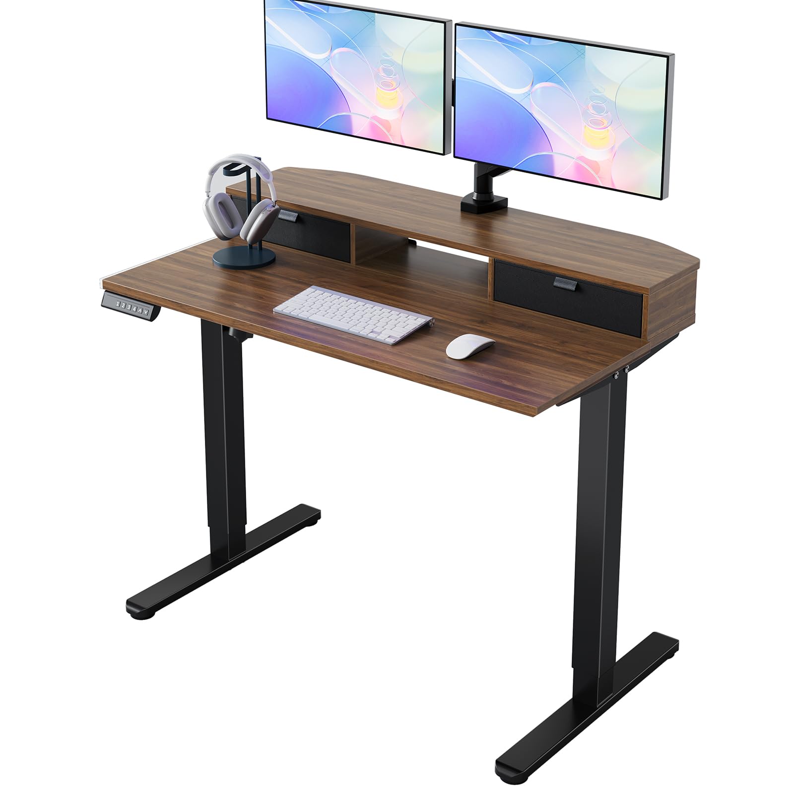 HUANUO 48 x 24 inch Small Electric Standing Desk with 2 Drawers, C-Clamp Mount Compatible, Height Adjustable Sit Stand Desk, Home Office Stand Up Desk with 4 Memory Height Settings, Light Walnut