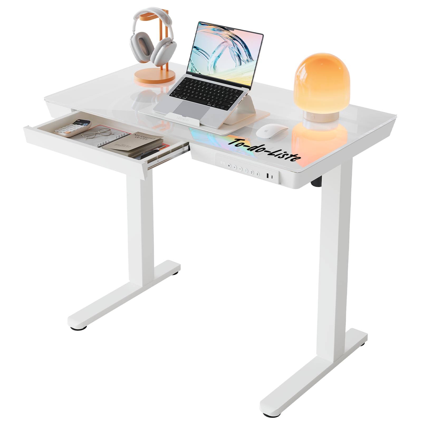 HUANUO 100 x 60 cm Höhenverstellbarer Schreibtisch mit Schublade, Höhenverstellbarer Schreibtisch Ganze Tischplatte, USB-Aufladeanschluss und 3 Memory-Funktion, Walnussholz