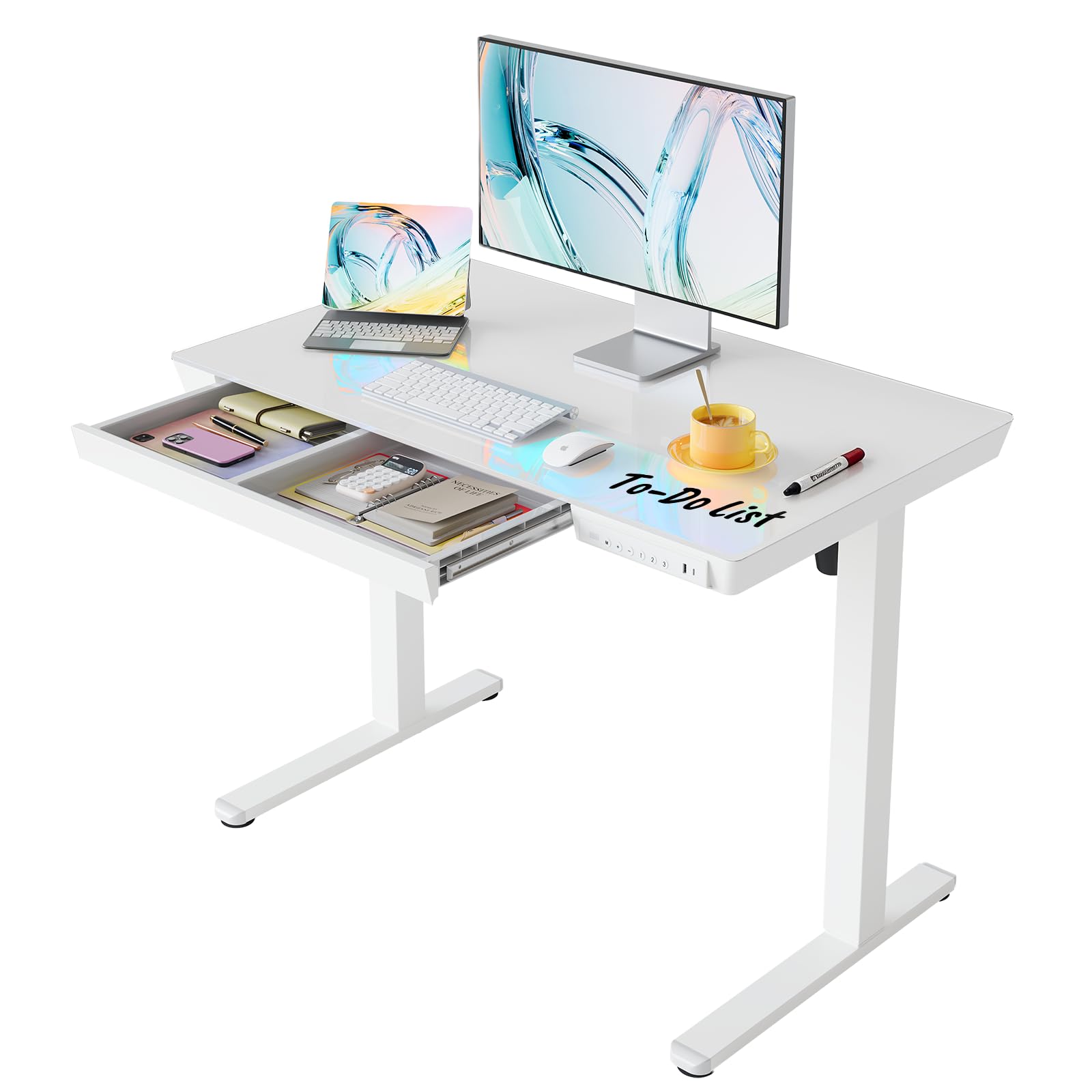 HUANUO Glass Standing Desk with Drawers, 35 x 20 Inch Electric Adjustable Height Desk, Quick Install One-Piece Tabletop with USB Charging Ports, White