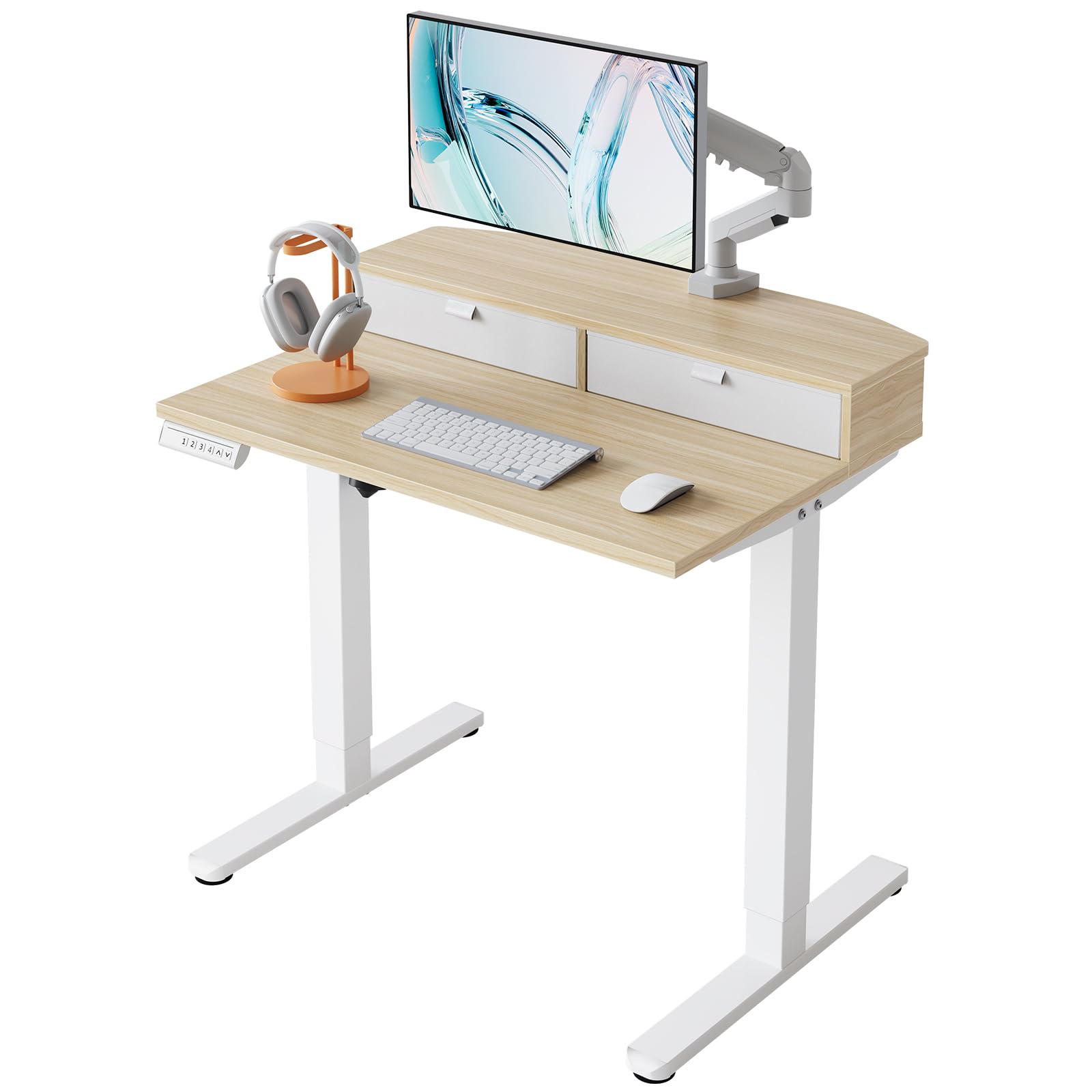HUANUO Höhenverstellbarer Schreibtisch 120x60 cm mit Schubladen, kompatible C-Klemme-Halterung, Schreibtisch Höhenverstellbar mit 4 Gedächtnis-Höheneintellungen