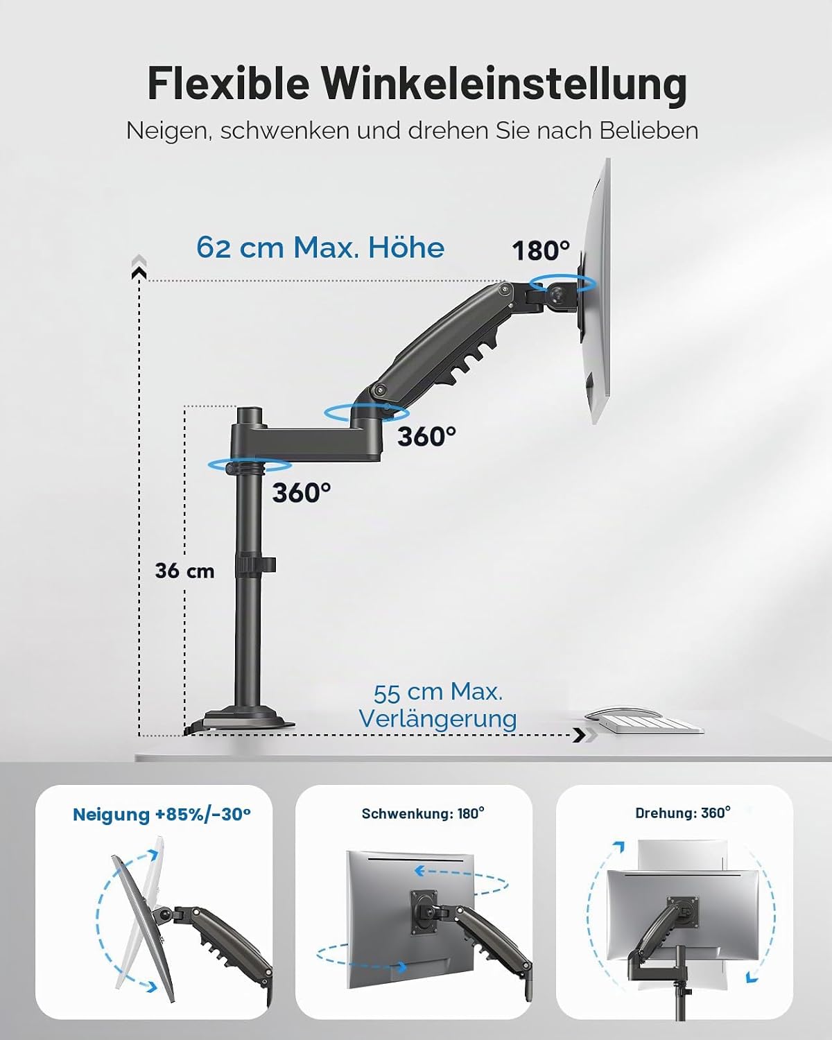 HUANUO Ergonomischer Monitor Halterung 30% höher, Monitor Arm für 13-34 Zoll (2-9 kg) Monitorhalterung höhenverstellbar, schwenkbar, neigbar, 360° drehbar, für Office & Gaming, VESA 75 & 100 mm