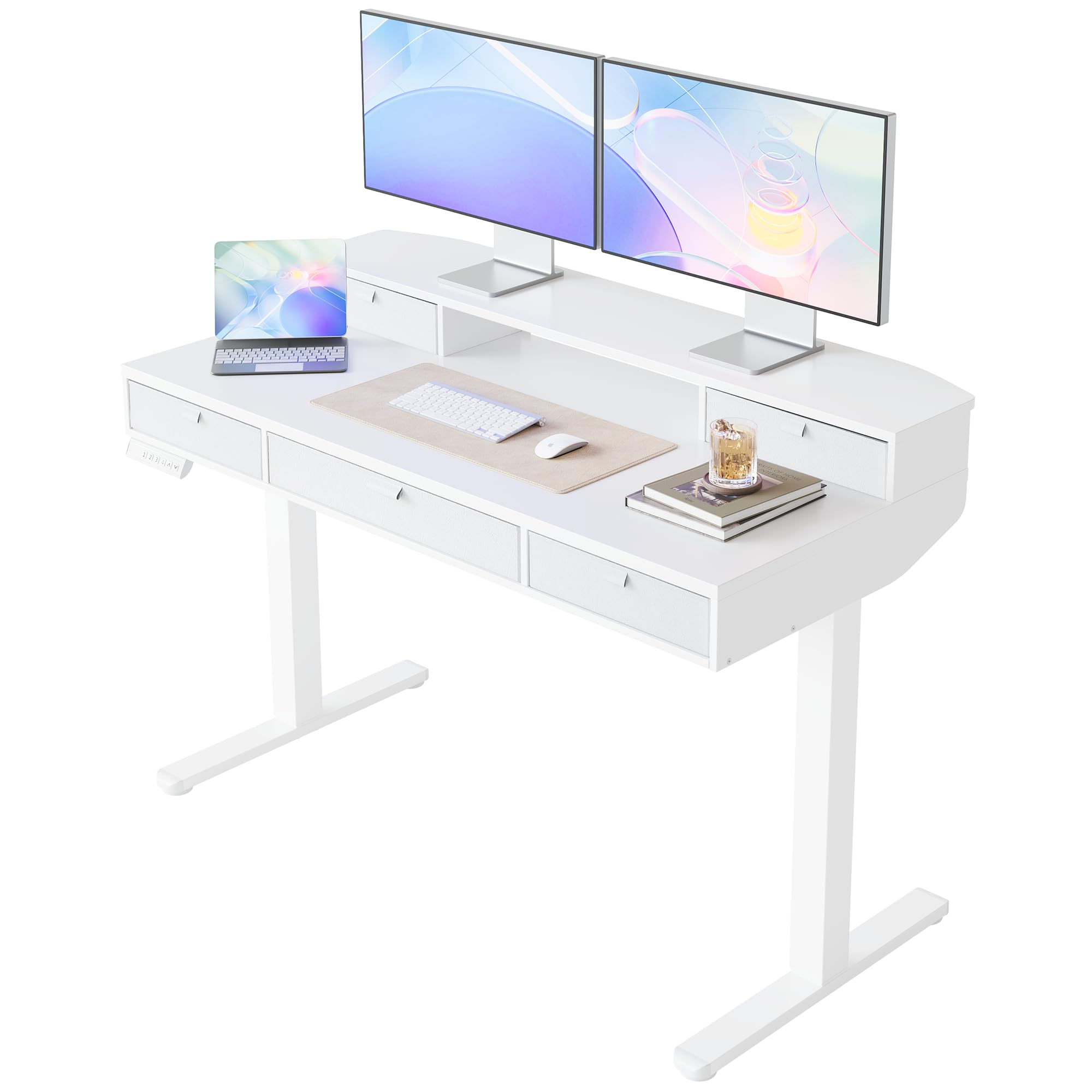 HUANUO 32 x 20 inch Electric Standing Desk with 4 Drawers, Adjustable Height Sit Stand Home Office Desk C-Clamp Mount Compatible, Ergonomic Stand up Desk with 4 Preset Heights, Natural