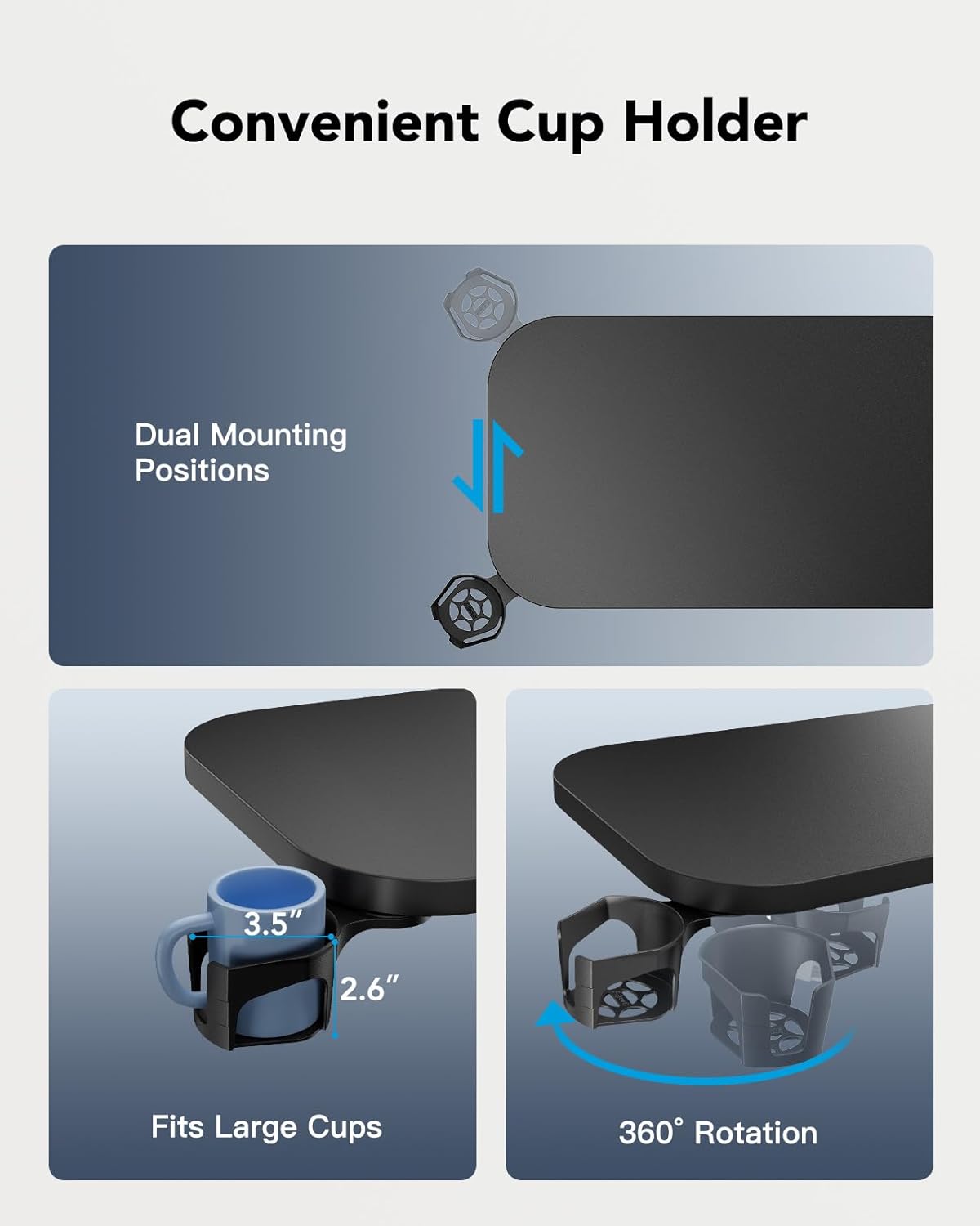 HUANUO 28Inch Bedside Table with Wheels, Height-Adjustable Rolling Computer Cart, Overbed Table with Cup Holder, Pneumatic Laptop Standing Desk for Home Office, Black