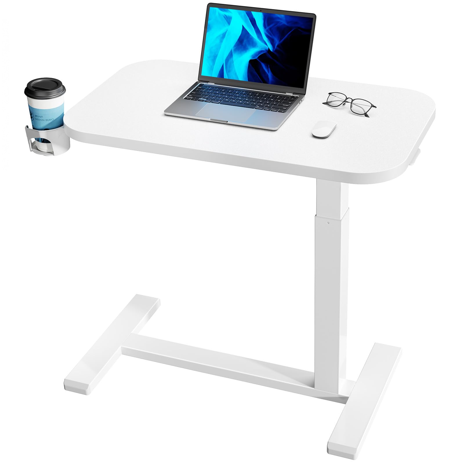 HUANUO 28Inch Bedside Table with Wheels, Height-Adjustable Rolling Computer Cart, Overbed Table with Cup Holder, Pneumatic Laptop Standing Desk for Home Office, Black