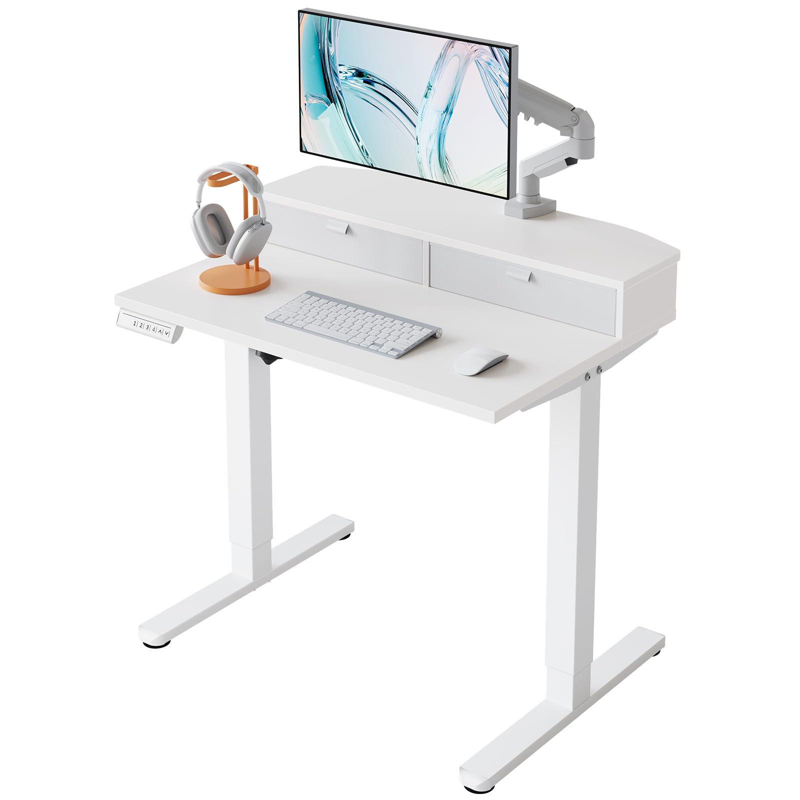 HUANUO 48 x 24 inch Small Electric Standing Desk with 2 Drawers, C-Clamp Mount Compatible, Height Adjustable Sit Stand Desk, Home Office Stand Up Desk with 4 Memory Height Settings, Light Walnut