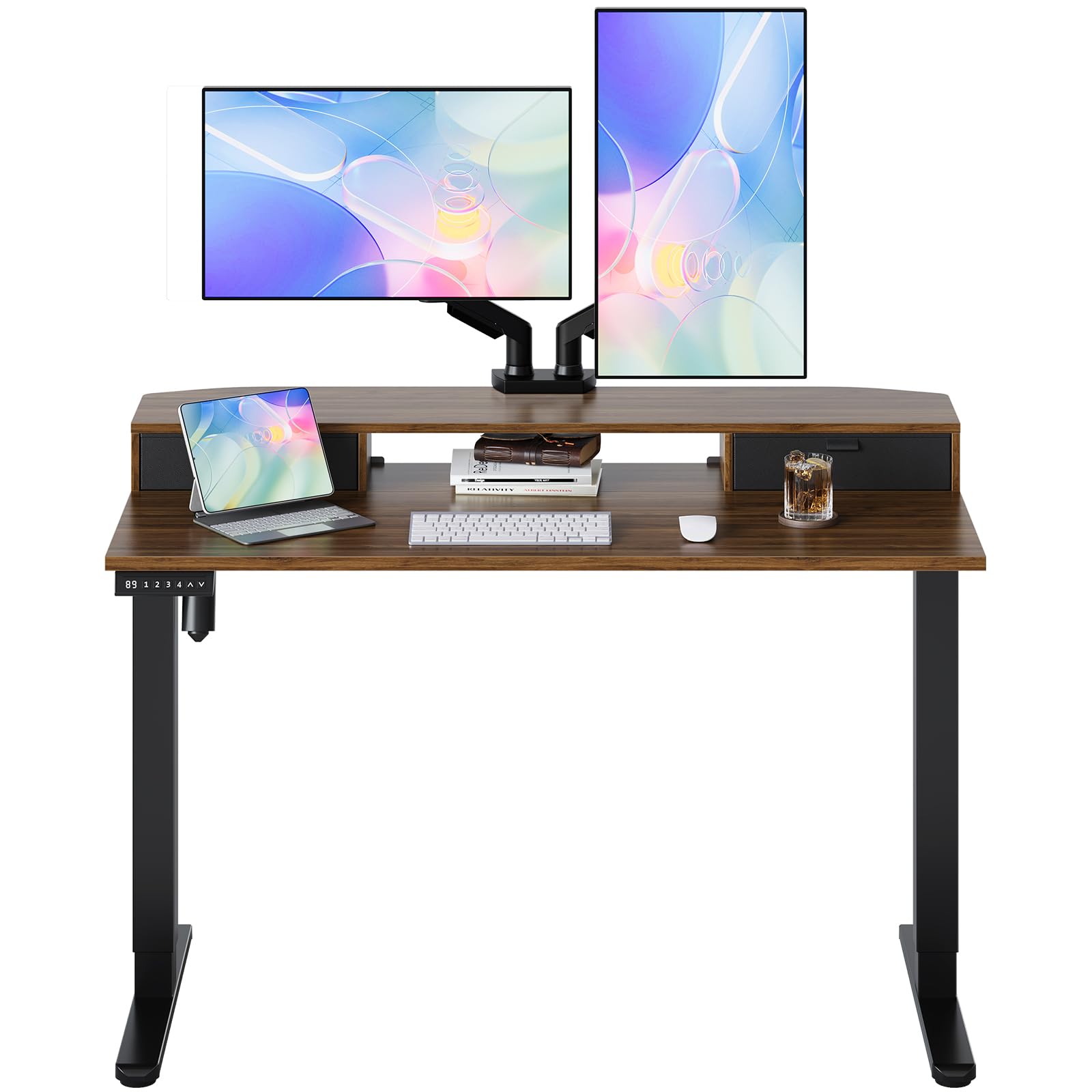 HUANUO Höhenverstellbarer Schreibtisch 120x60 cm mit Schubladen, kompatible C-Klemme-Halterung, Schreibtisch Höhenverstellbar mit 4 Gedächtnis-Höheneintellungen