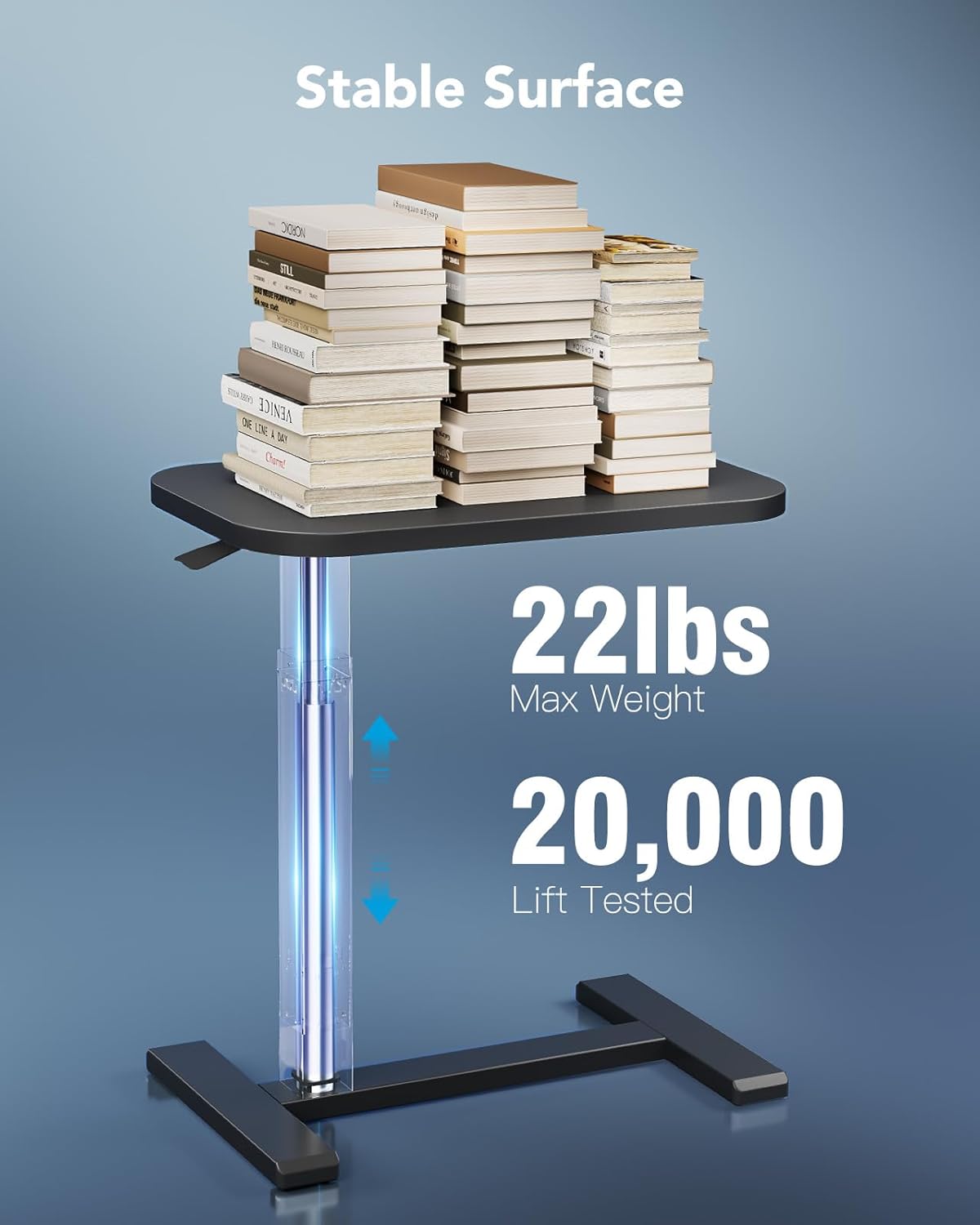 HUANUO 28Inch Bedside Table with Wheels, Height-Adjustable Rolling Computer Cart, Overbed Table with Cup Holder, Pneumatic Laptop Standing Desk for Home Office, Black