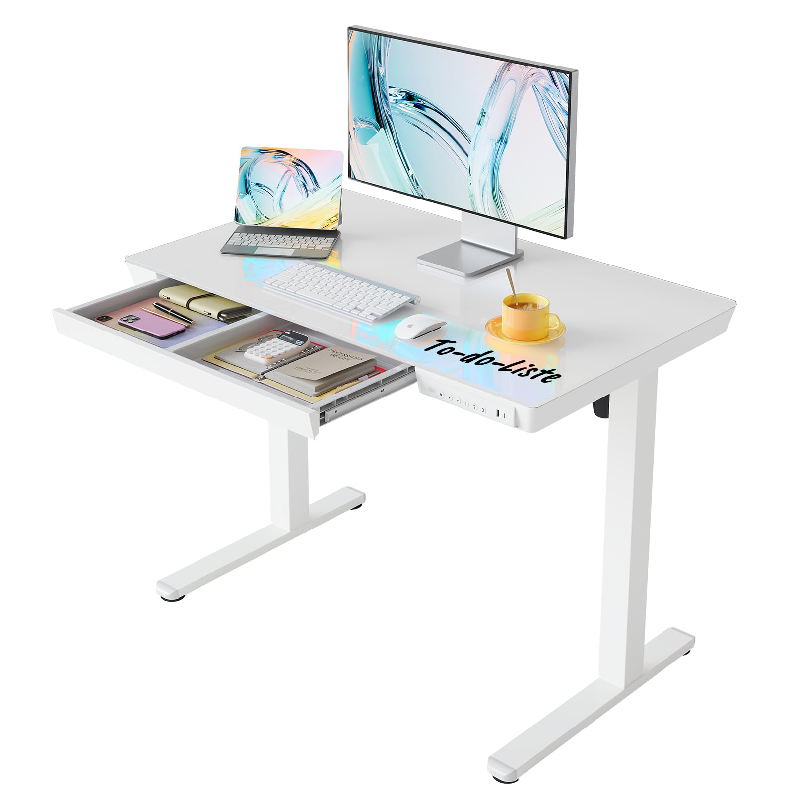 HUANUO 100 x 60 cm Höhenverstellbarer Schreibtisch mit Schublade, Höhenverstellbarer Schreibtisch Ganze Tischplatte, USB-Aufladeanschluss und 3 Memory-Funktion, Walnussholz