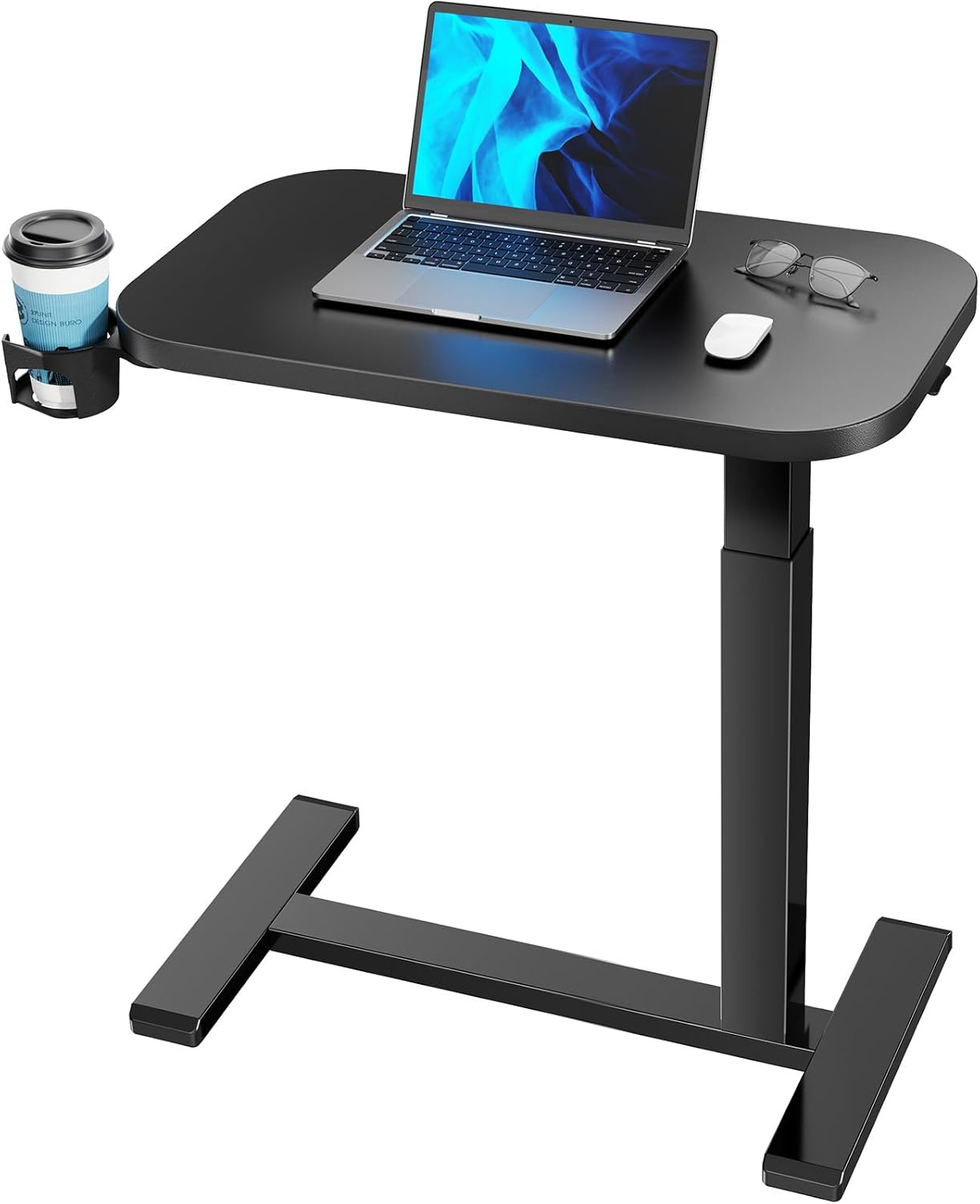 HUANUO 28Inch Bedside Table with Wheels, Height-Adjustable Rolling Computer Cart, Overbed Table with Cup Holder, Pneumatic Laptop Standing Desk for Home Office, Black