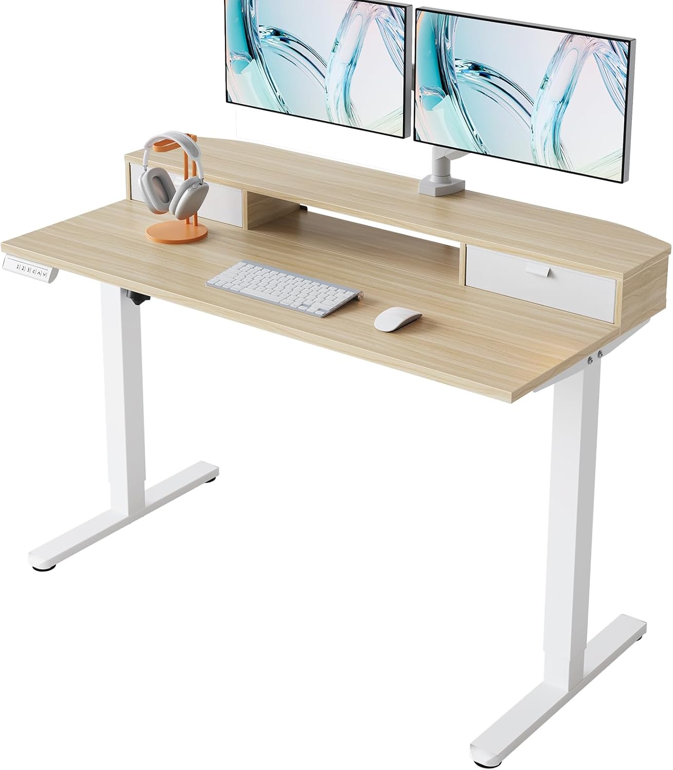 HUANUO 48 x 24 inch Small Electric Standing Desk with 2 Drawers, C-Clamp Mount Compatible, Height Adjustable Sit Stand Desk, Home Office Stand Up Desk with 4 Memory Height Settings, Light Walnut