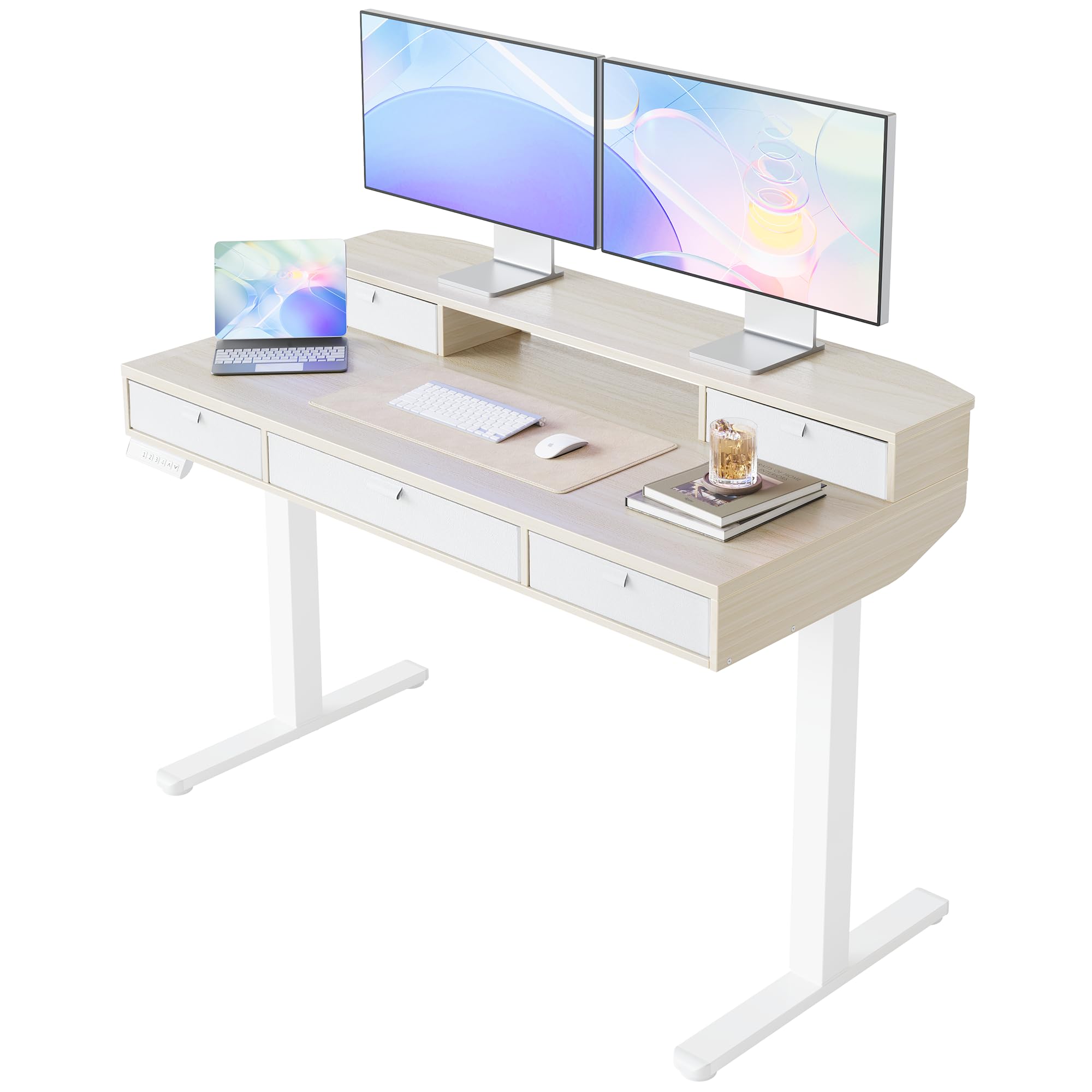 HUANUO 32 x 20 inch Electric Standing Desk with 4 Drawers, Adjustable Height Sit Stand Home Office Desk C-Clamp Mount Compatible, Ergonomic Stand up Desk with 4 Preset Heights, Natural