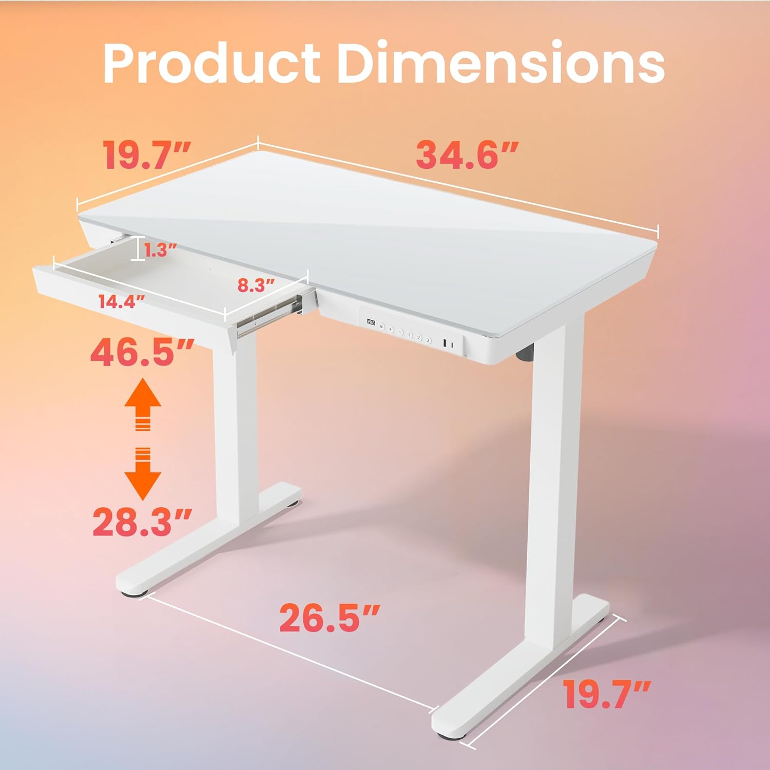 HUANUO Glass Standing Desk with Drawers, 35 x 20 Inch Electric Adjustable Height Desk, Quick Install One-Piece Tabletop with USB Charging Ports, White