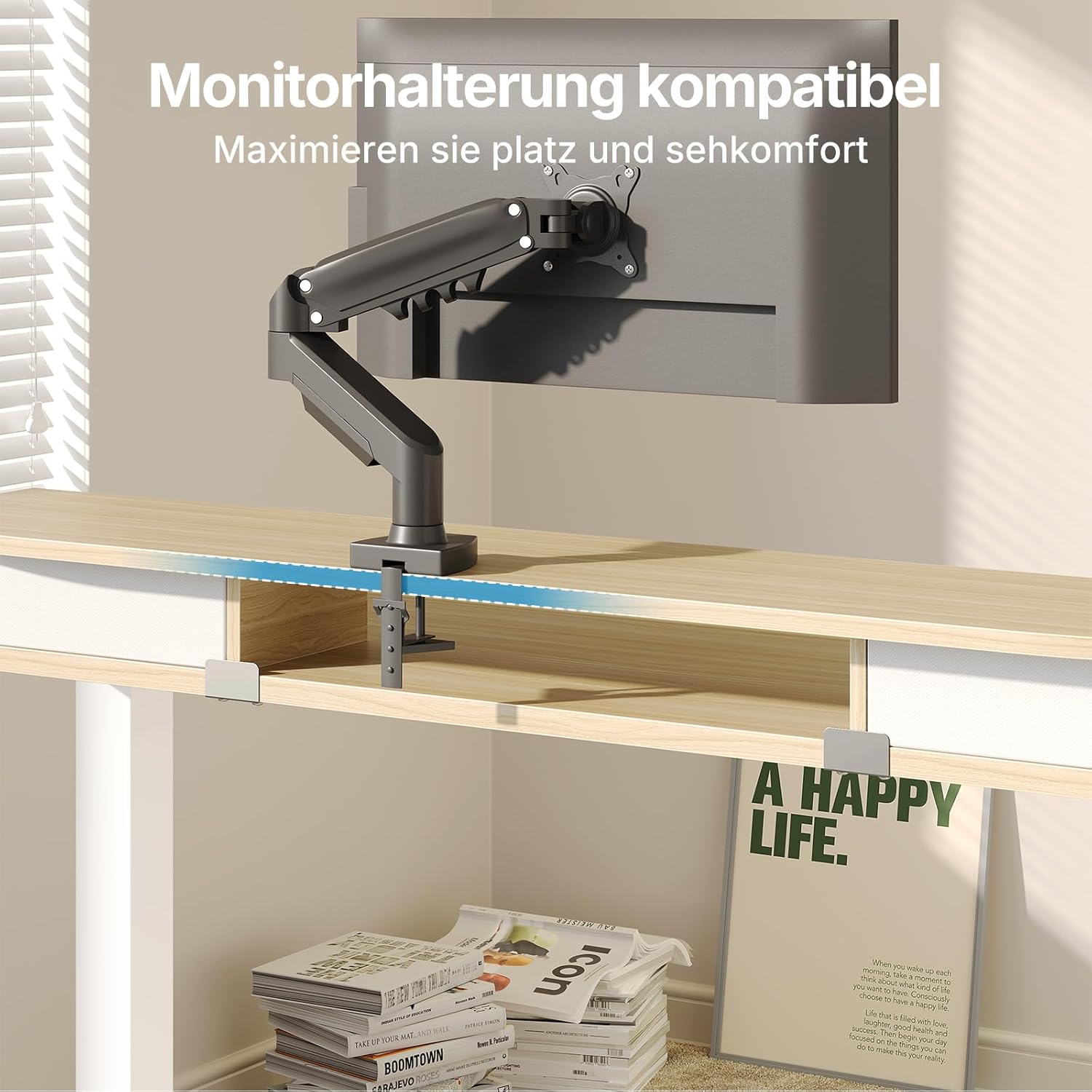 HUANUO Höhenverstellbarer Schreibtisch 120x60 cm mit Schubladen, kompatible C-Klemme-Halterung, Schreibtisch Höhenverstellbar mit 4 Gedächtnis-Höheneintellungen