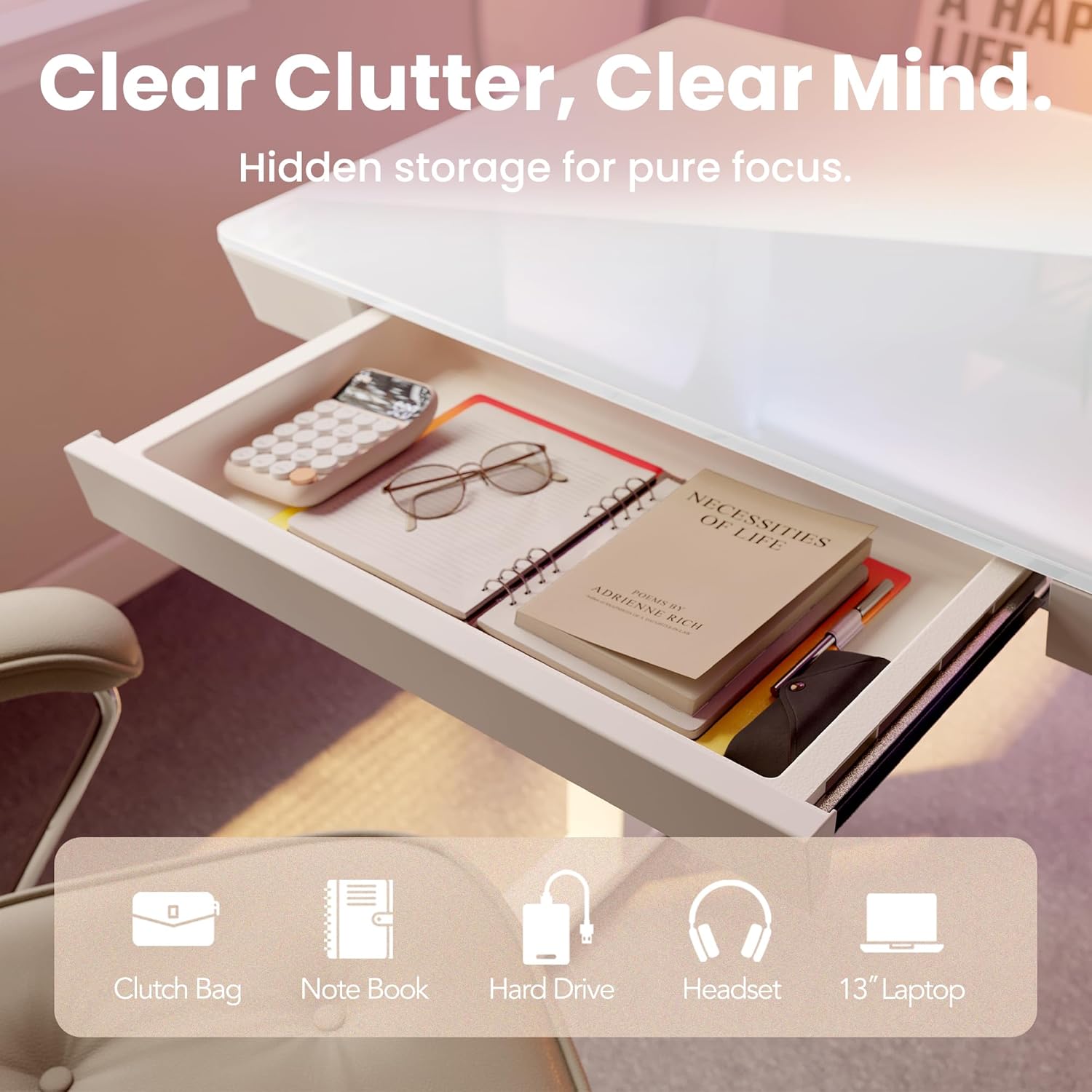 HUANUO Glass Standing Desk with Drawers, 35 x 20 Inch Electric Adjustable Height Desk, Quick Install One-Piece Tabletop with USB Charging Ports, White