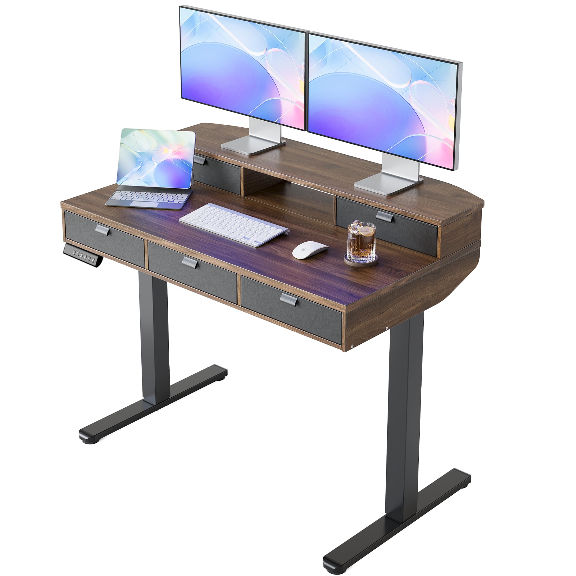 HUANUO 32 x 20 inch Electric Standing Desk with 4 Drawers, Adjustable Height Sit Stand Home Office Desk C-Clamp Mount Compatible, Ergonomic Stand up Desk with 4 Preset Heights, Natural