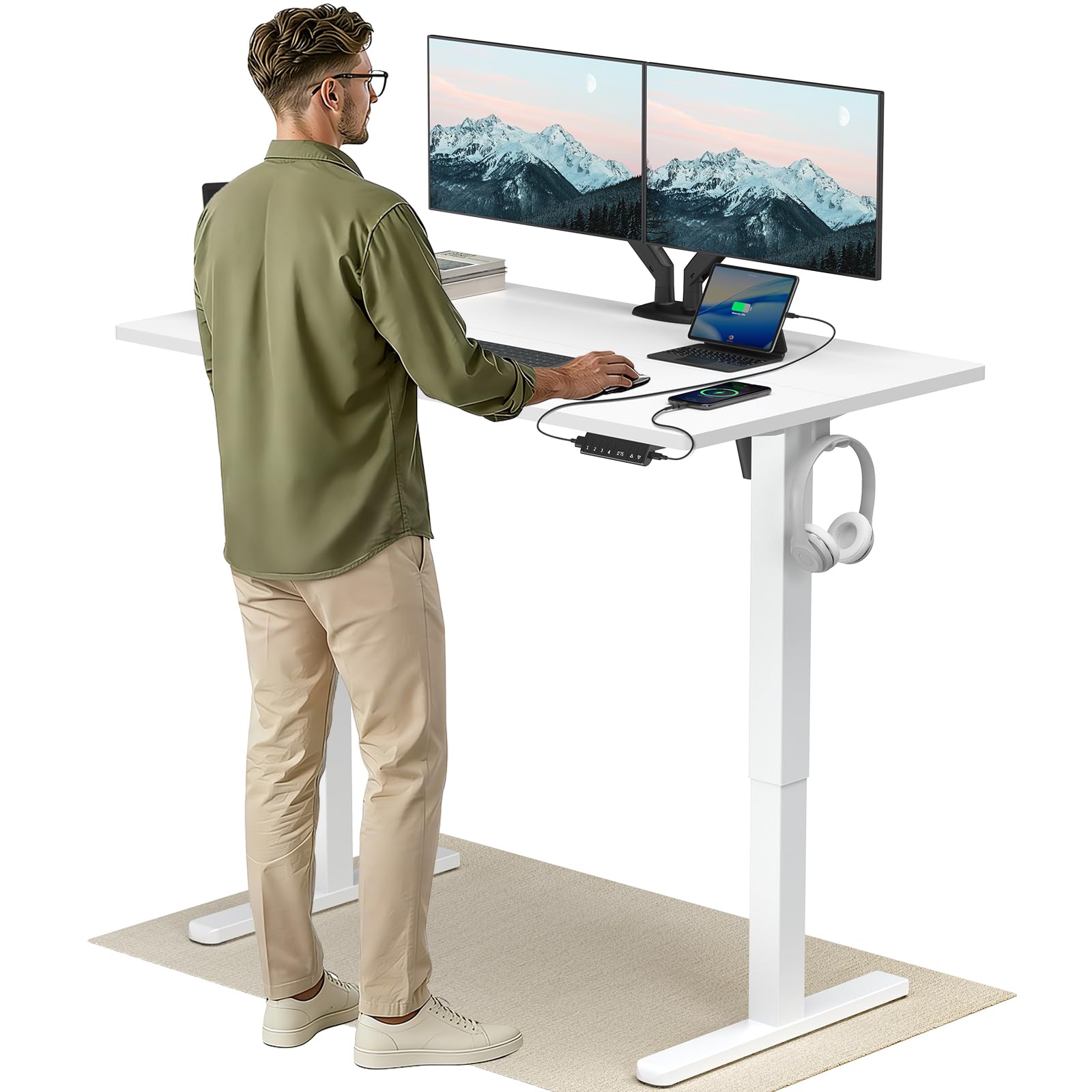 HUANUO Höhenverstellbarer Schreibtisch 120x80cm mit USB-C- & USB-A-Ladeanschluss, Höhenverstellbar von 72-118cm,4 Gedächtnis-Voreinstellungen, Kabelmanagement & Haken