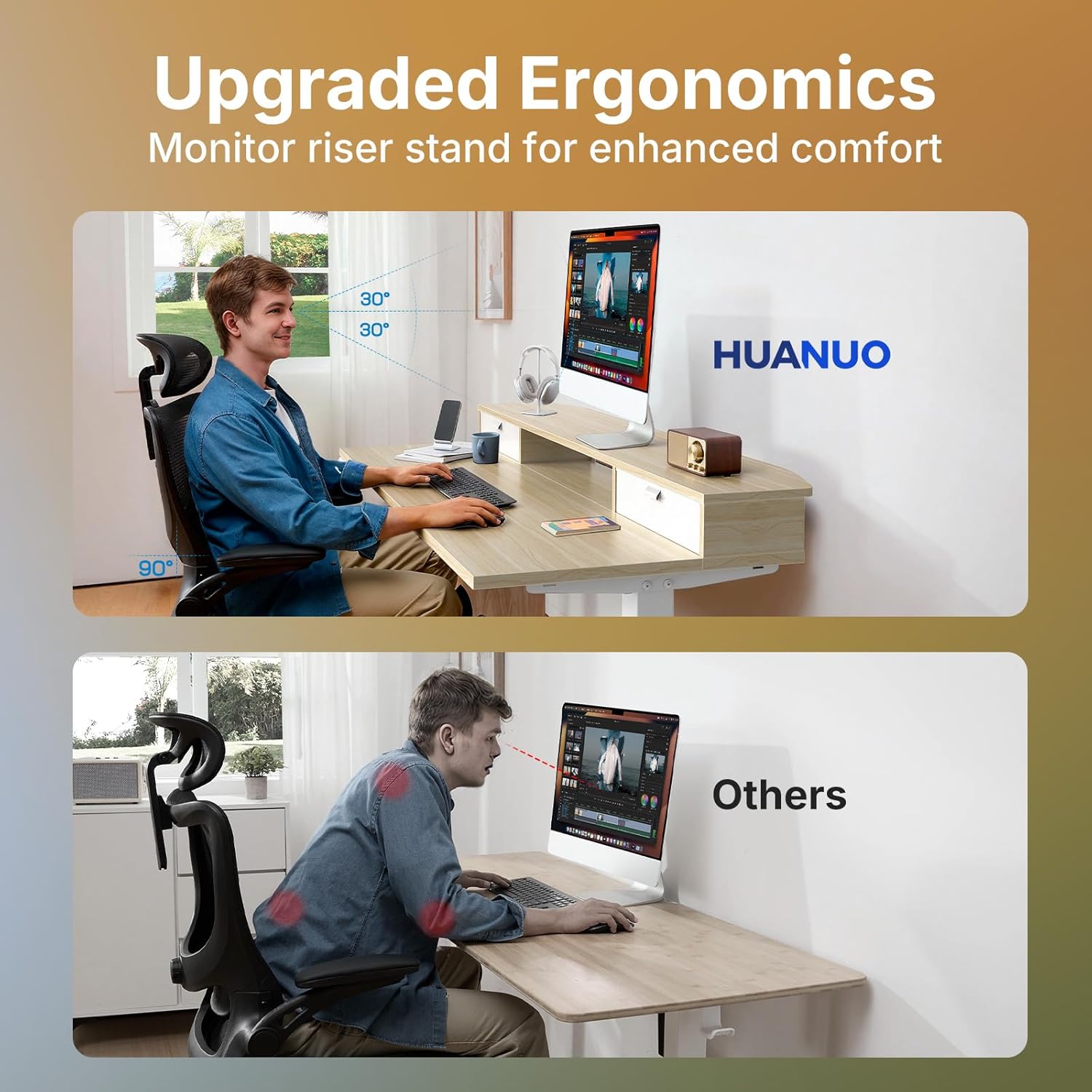 HUANUO 48 x 24 inch Small Electric Standing Desk with 2 Drawers, C-Clamp Mount Compatible, Height Adjustable Sit Stand Desk, Home Office Stand Up Desk with 4 Memory Height Settings, Light Walnut