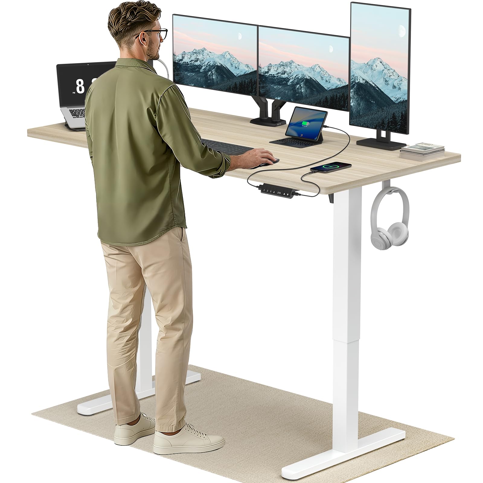 HUANUO Höhenverstellbarer Schreibtisch 120x80cm mit USB-C- & USB-A-Ladeanschluss, Höhenverstellbar von 72-118cm,4 Gedächtnis-Voreinstellungen, Kabelmanagement & Haken