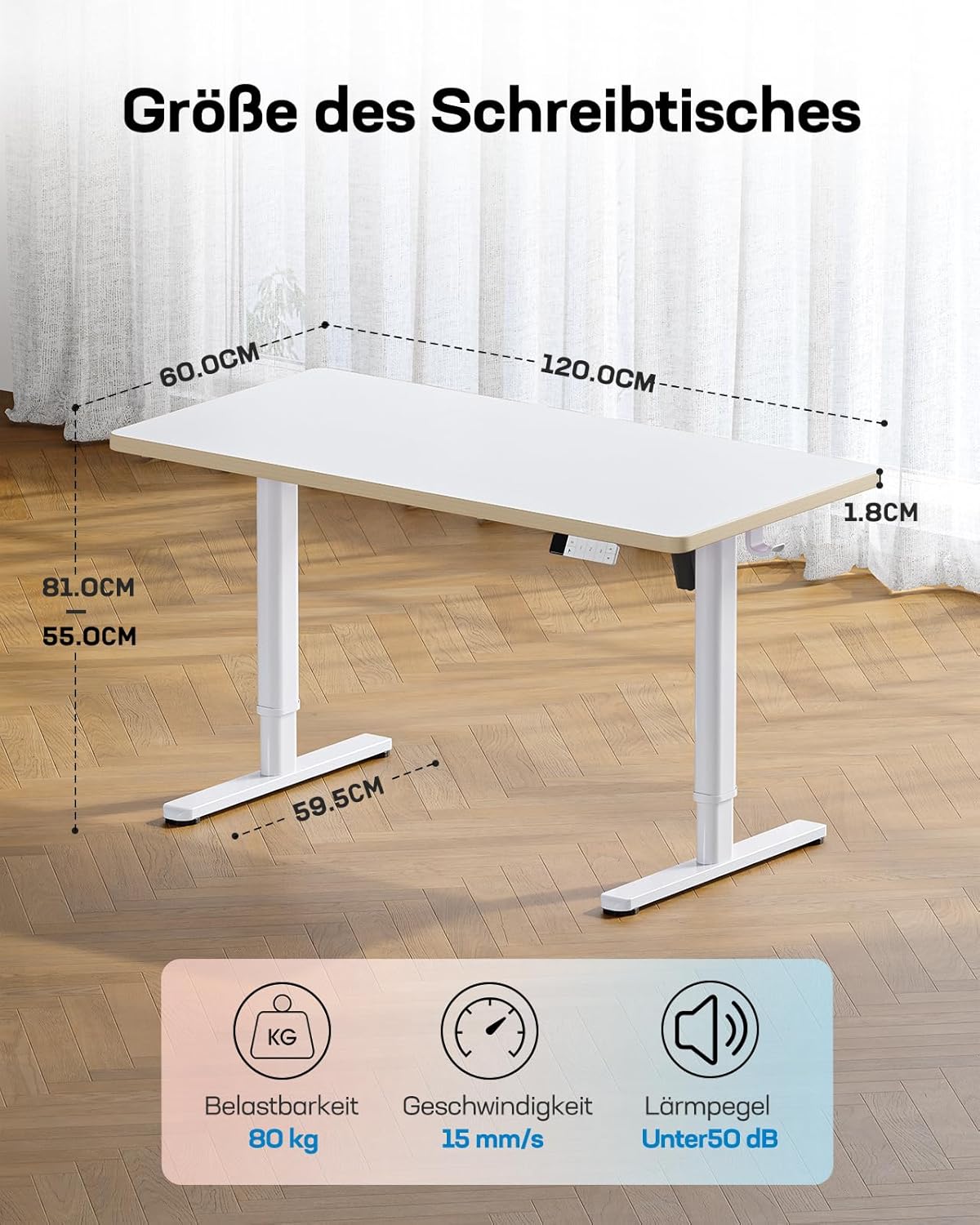 HUANUO Elektrischer Kinderschreibtisch Höhenverstellbar 120 x 60 cm, Höhenverstellbarer Schreibtisch Ganze Tischplatte mit 3 voreingestellten Höhen