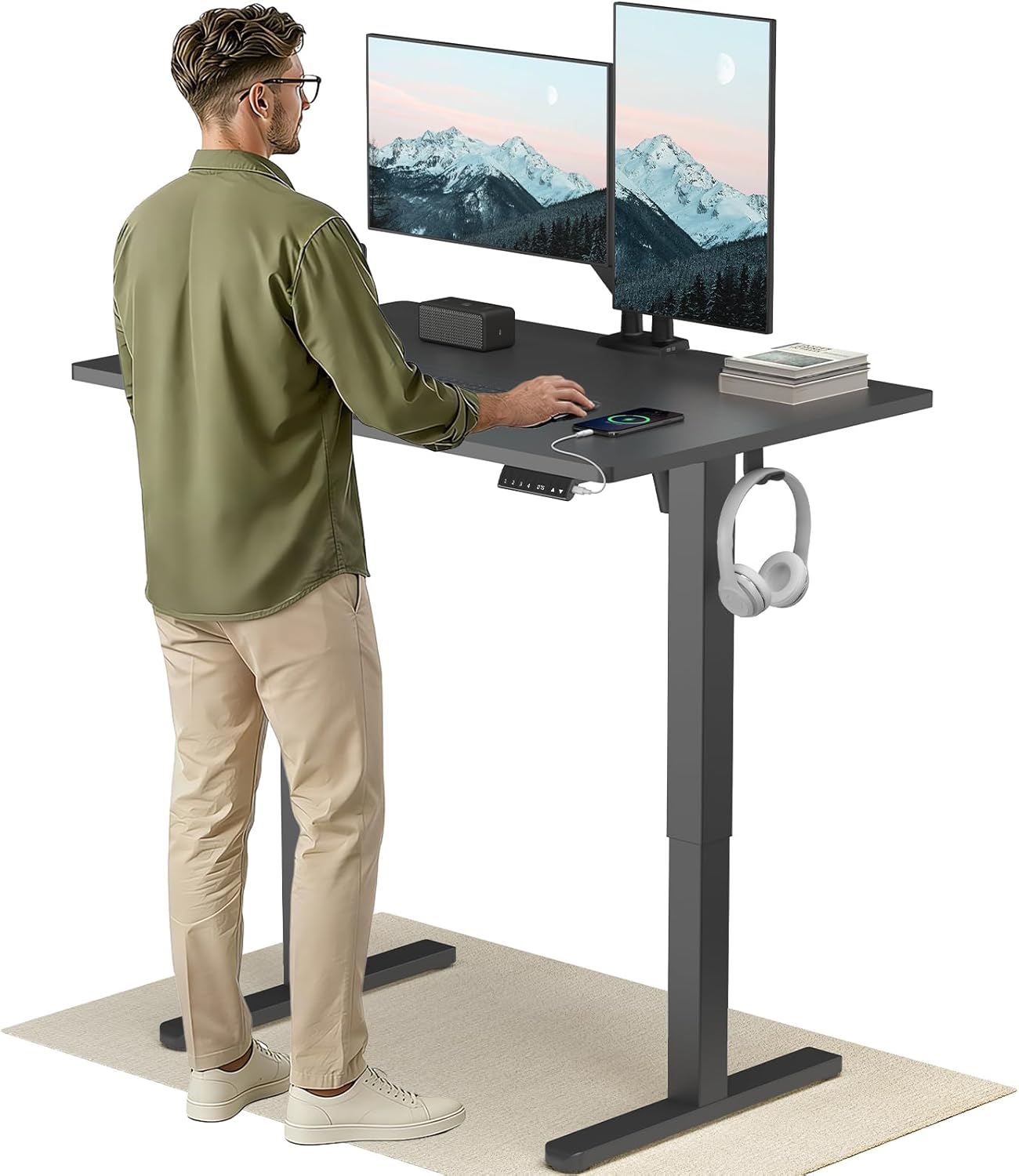 HUANUO Höhenverstellbarer Schreibtisch 120x80cm mit USB-C- & USB-A-Ladeanschluss, Höhenverstellbar von 72-118cm,4 Gedächtnis-Voreinstellungen, Kabelmanagement & Haken