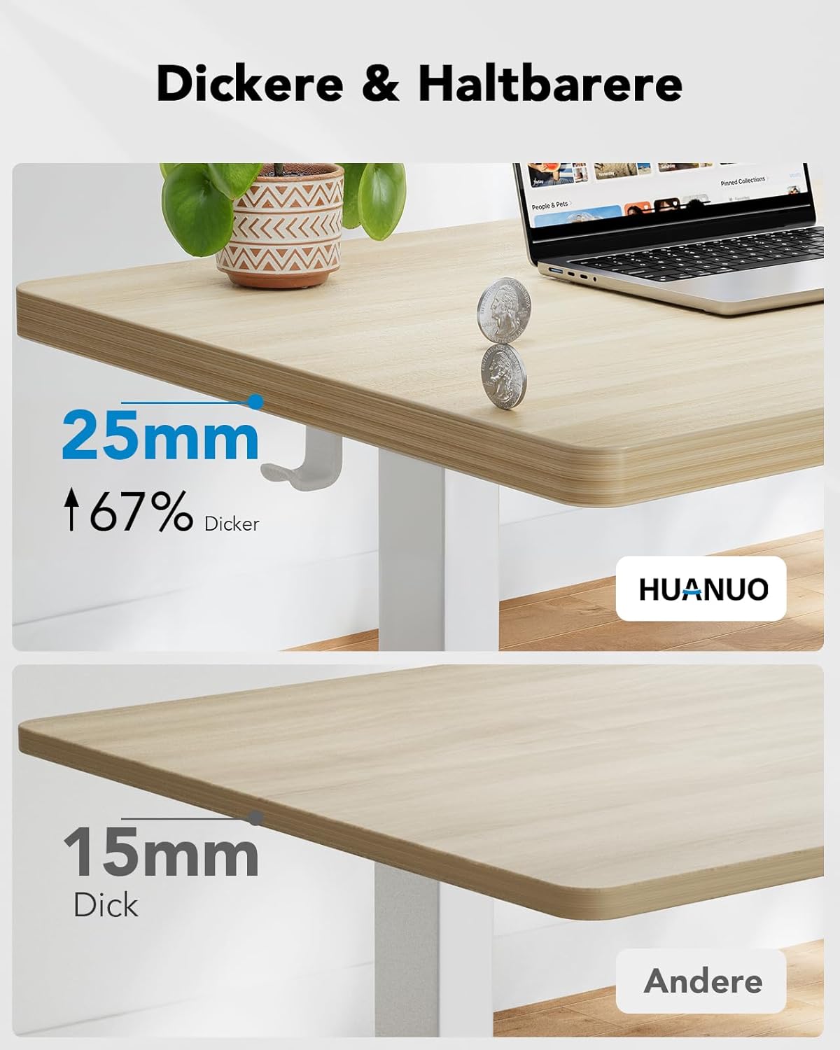 HUANUO Höhenverstellbarer Schreibtisch 160x80cm,25MM Ganze Tischplatte mit Bürstenloser Motor,Ergonomischer Steh-Sitz Tisch Stehpult,Einfache Montage Elektrischer Stehschreibtisch für Homeoffice