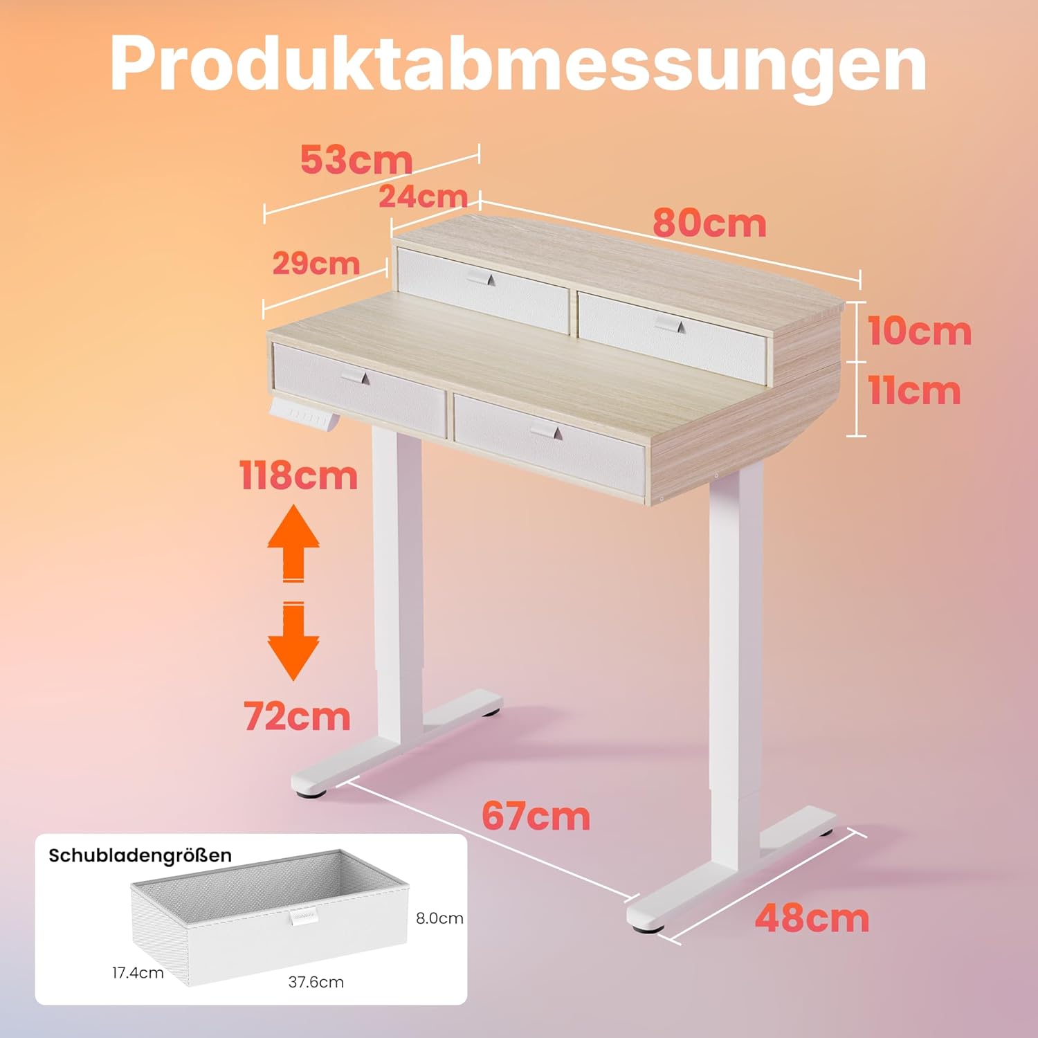 HUANUO 80 x 53 cm Höhenverstellbarer Schreibtisch mit Schubladen, kompatible C-Klemme-Halterung, Schreibtisch Höhenverstellbar mit 4 Gedächtnis-Höheneintellungen