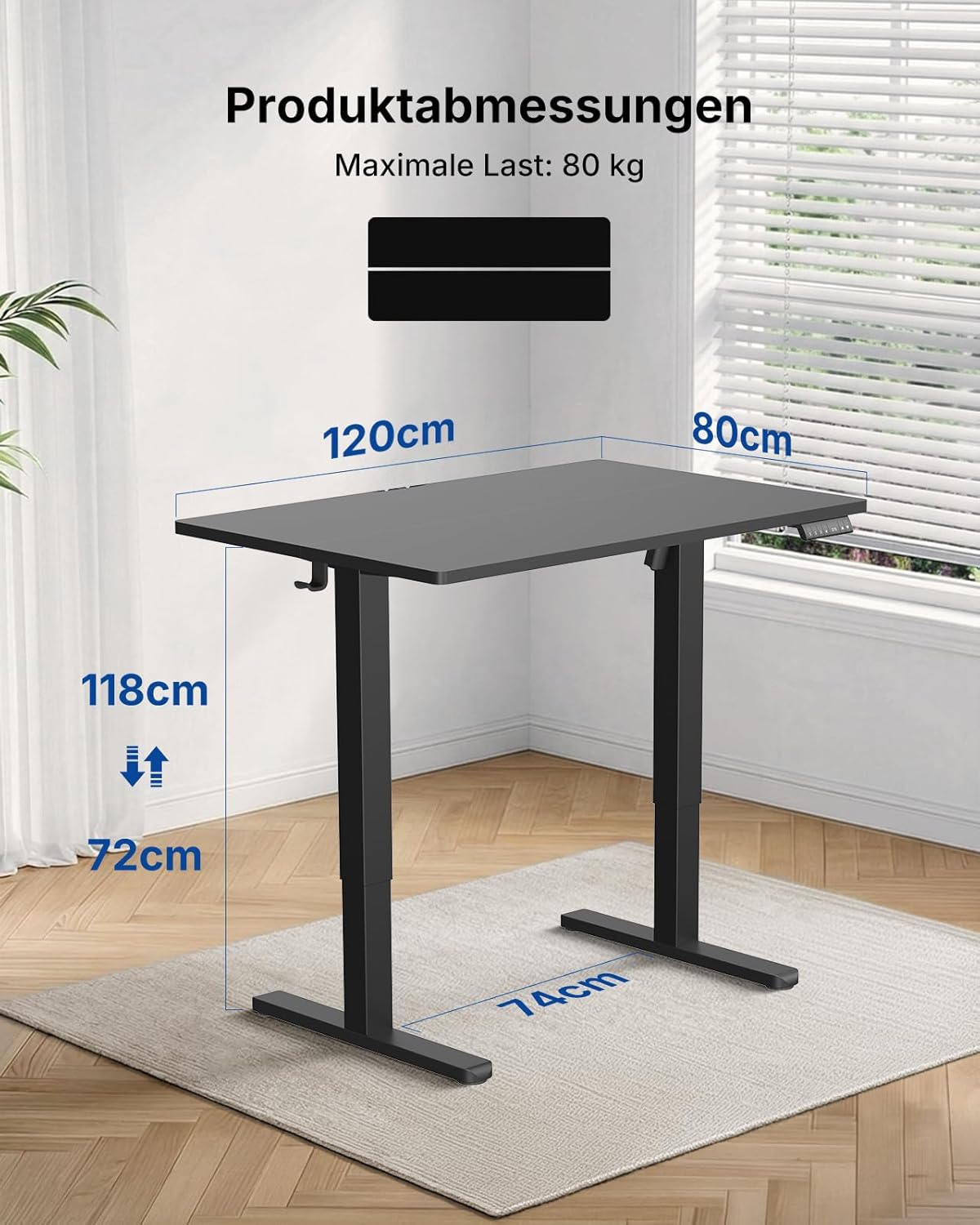 HUANUO Höhenverstellbarer Schreibtisch 120x80cm mit USB-C- & USB-A-Ladeanschluss, Höhenverstellbar von 72-118cm,4 Gedächtnis-Voreinstellungen, Kabelmanagement & Haken