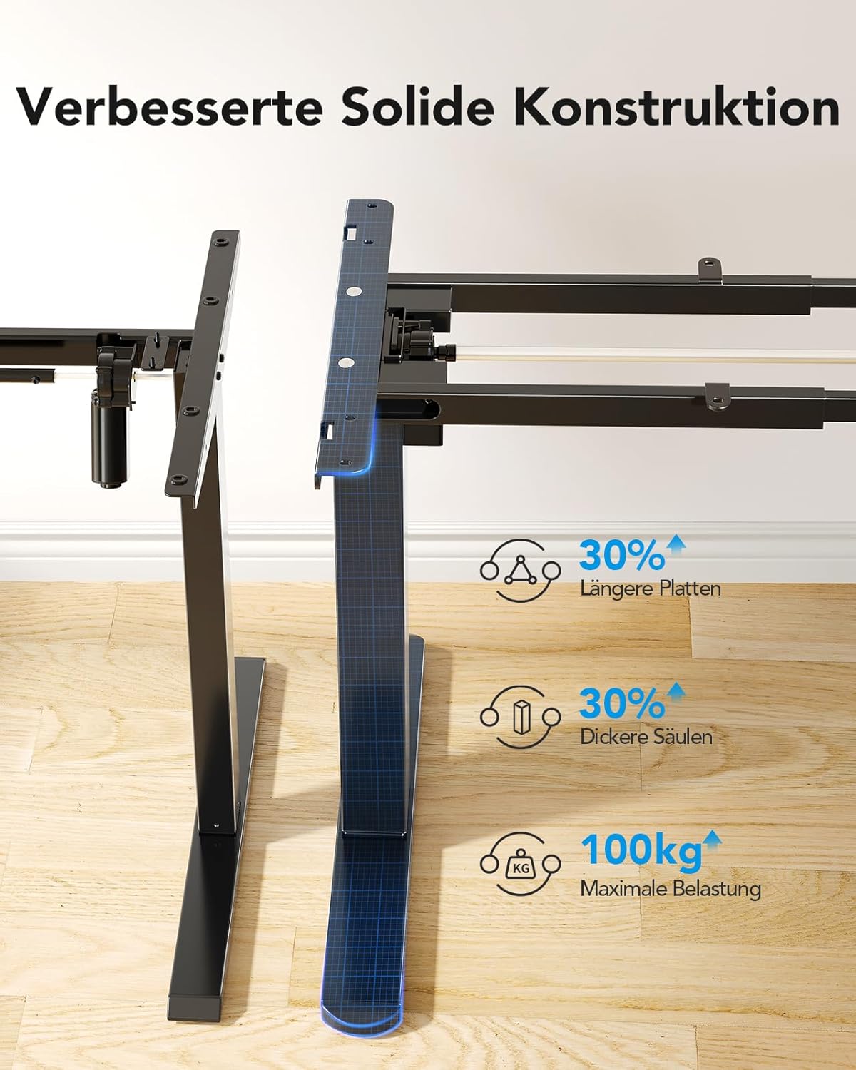 HUANUO Height-Adjustable Desk Frame with Brushless Motor, 100 kg Load Capacity, Table Legs, Desk Frame, Height Adjustable for Table Tops of 110 x 200 cm, Frame Only