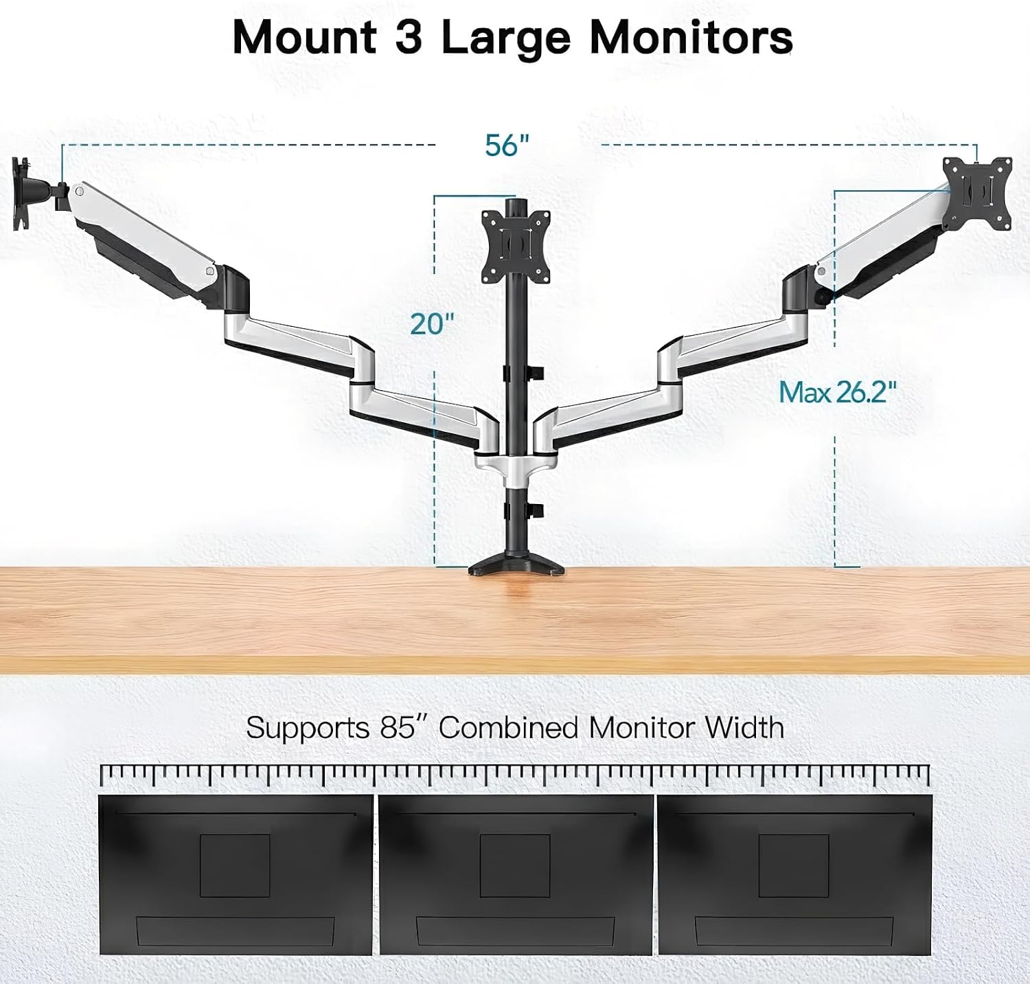 17-32" Bras pour triple moniteur avec réglage de hauteur - Argent