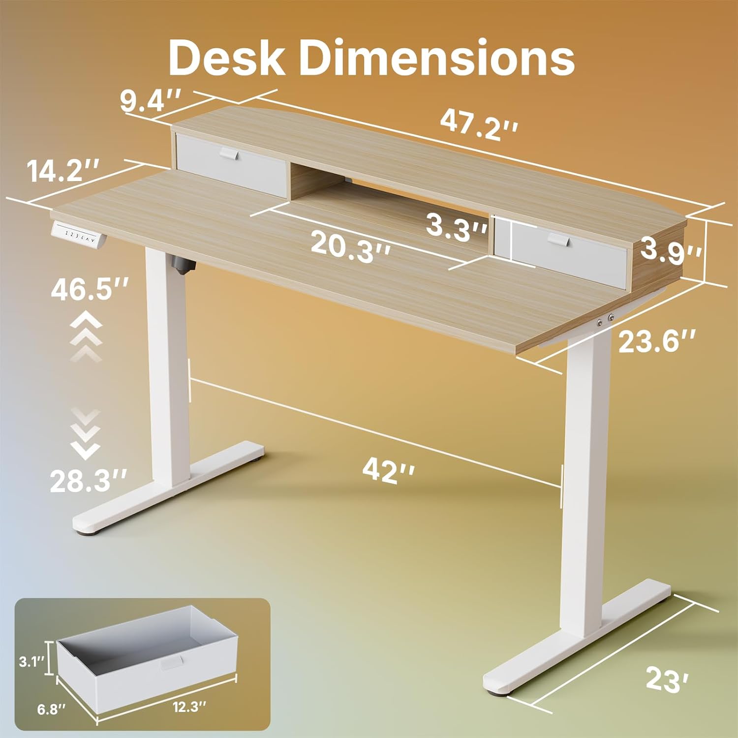 HUANUO 48 x 24 inch Small Electric Standing Desk with 2 Drawers, C-Clamp Mount Compatible, Height Adjustable Sit Stand Desk, Home Office Stand Up Desk with 4 Memory Height Settings, Light Walnut
