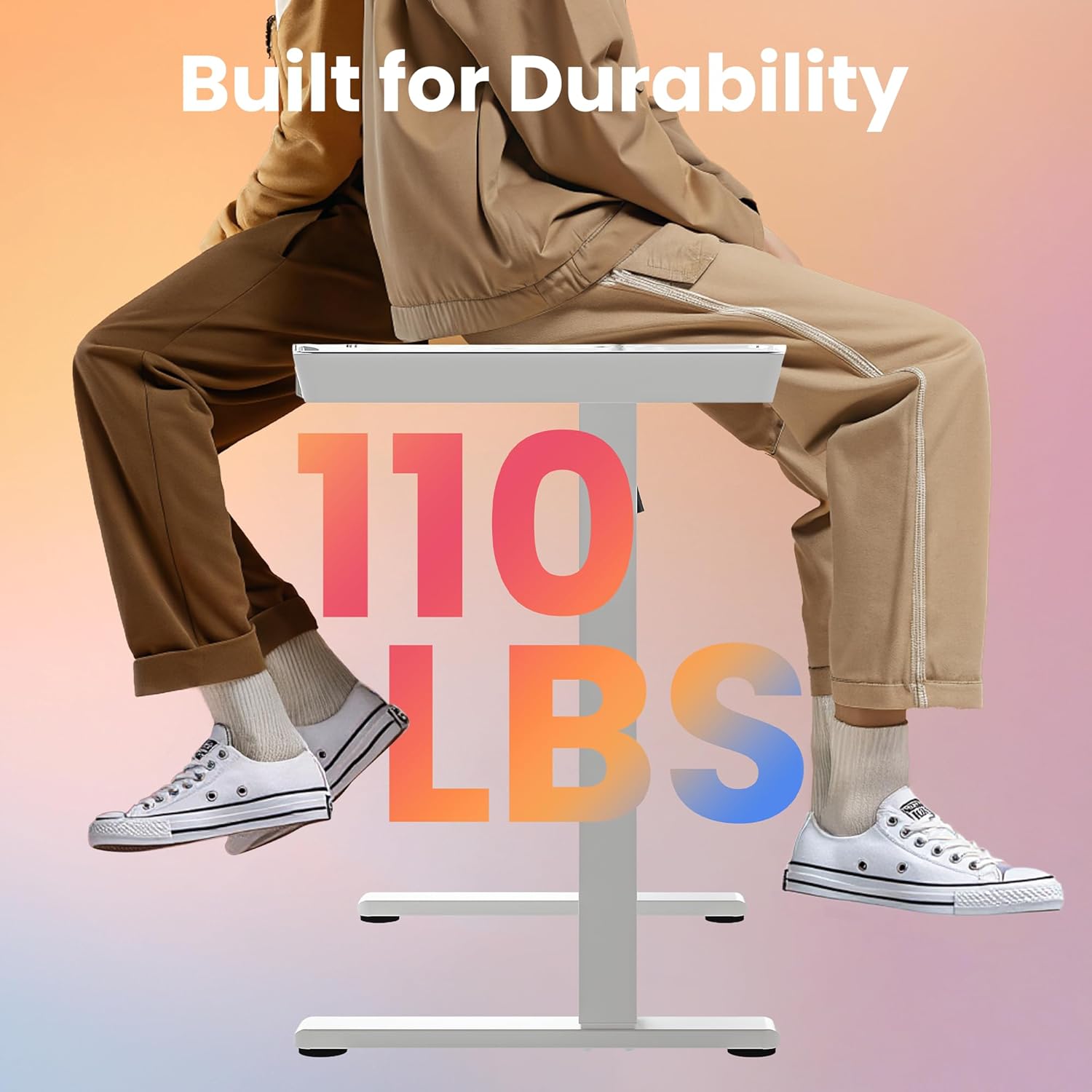 HUANUO Glass Standing Desk with Drawers, 35 x 20 Inch Electric Adjustable Height Desk, Quick Install One-Piece Tabletop with USB Charging Ports, White