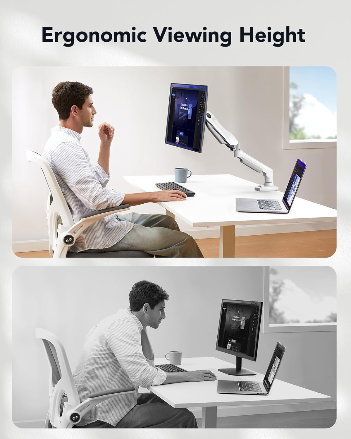 HUANUO Monitor Halterung für 13 bis 32 Zoll Bildschirme, Einzelner Monitorarm Ständer Hält 2~9 kg, Höhenverstellbare mit Neigungen, Schwenken, Dreht, VESA 75 & 100 mm, weiß