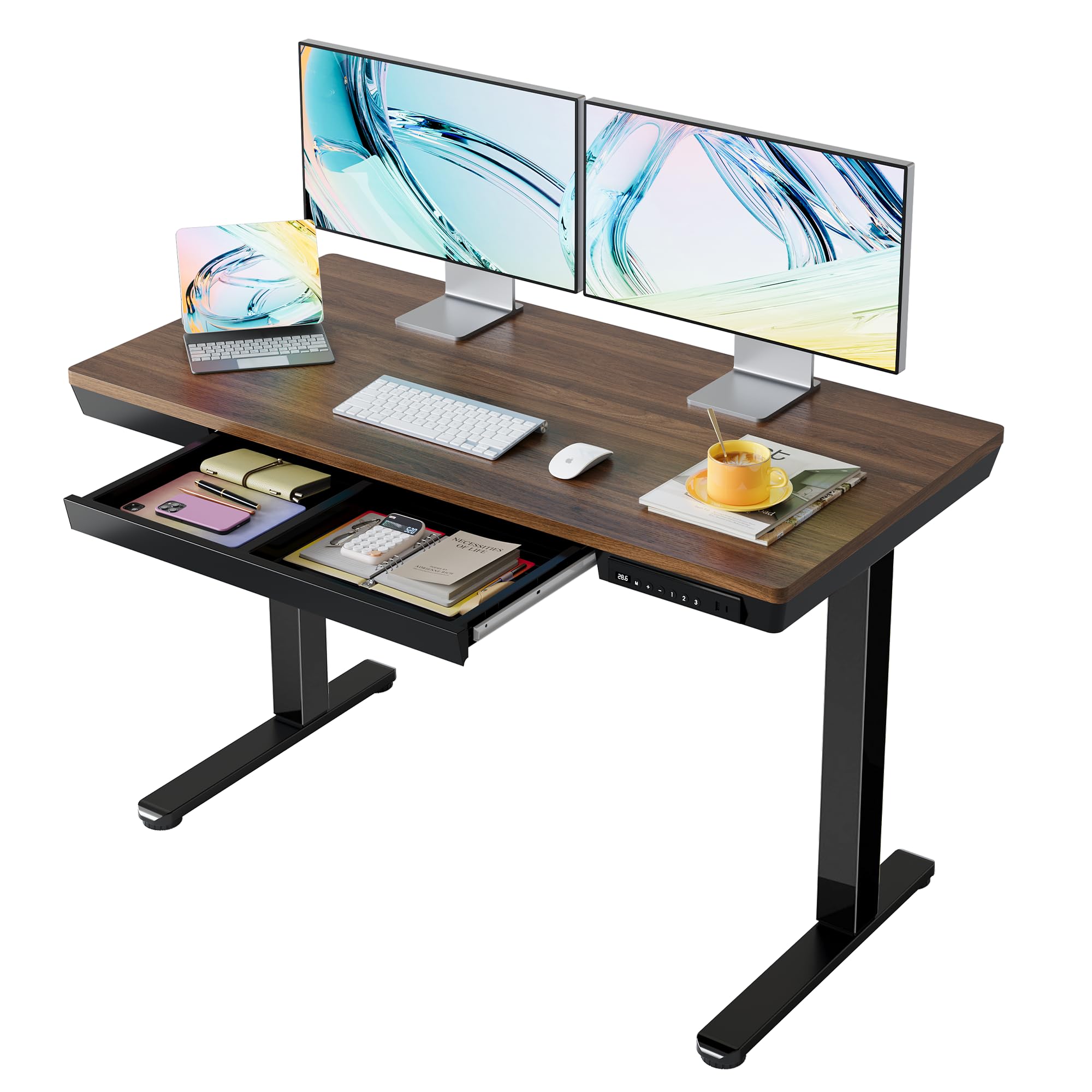 HUANUO Glass Standing Desk with Drawers, 35 x 20 Inch Electric Adjustable Height Desk, Quick Install One-Piece Tabletop with USB Charging Ports, White