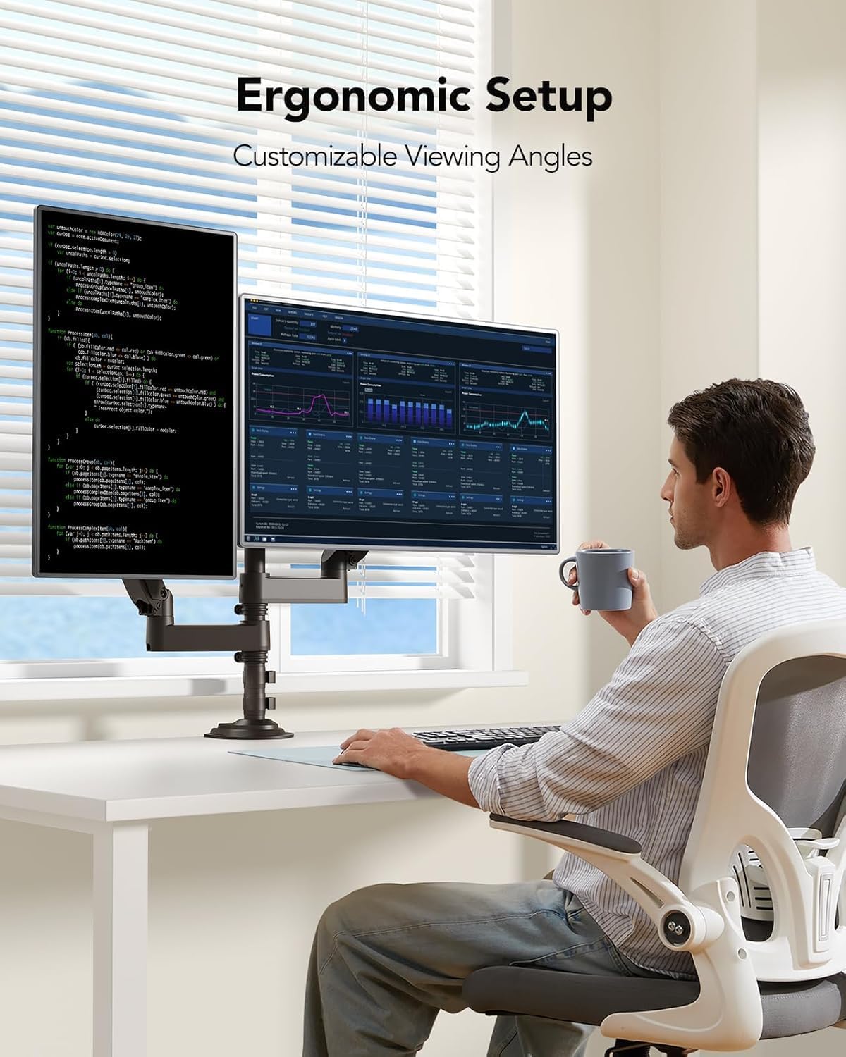HUANUO Monitor Halterung 2 Monitore für 13-32 Zoll Bildschirm, Gaming Monitorhalterung 2 Monitore Höhenverstellbar mit 9KG Pro Arm, Bildschirmhalterung Neigbar Schwenkbar, VESA 75/100mm