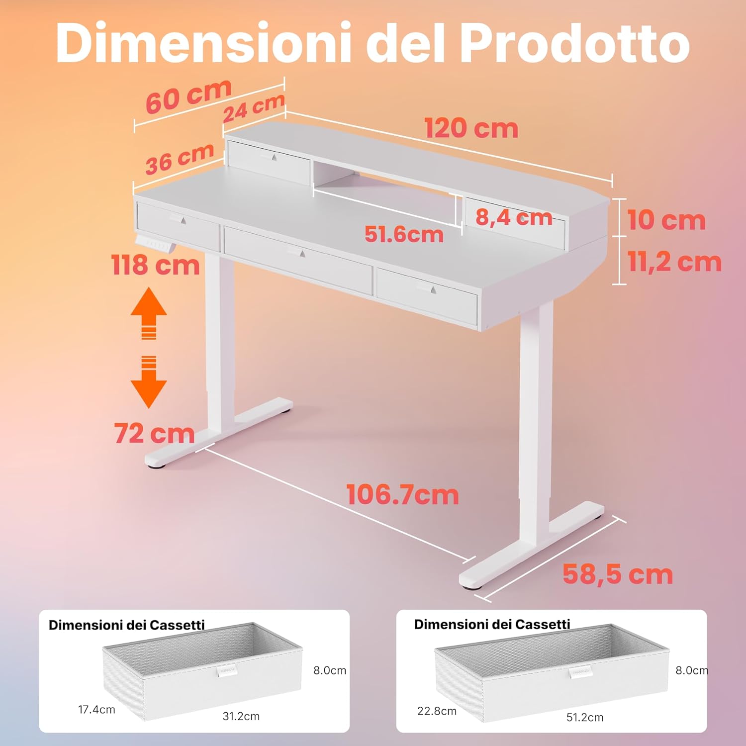 HUANUO 120 x 60 cm Scrivania con Cassetti, Compatibile Supporto a Morsetto a C, Scrivania Regolabile in Altezza, Scrivania Stand Up Ufficio Domestico 4 Altezza