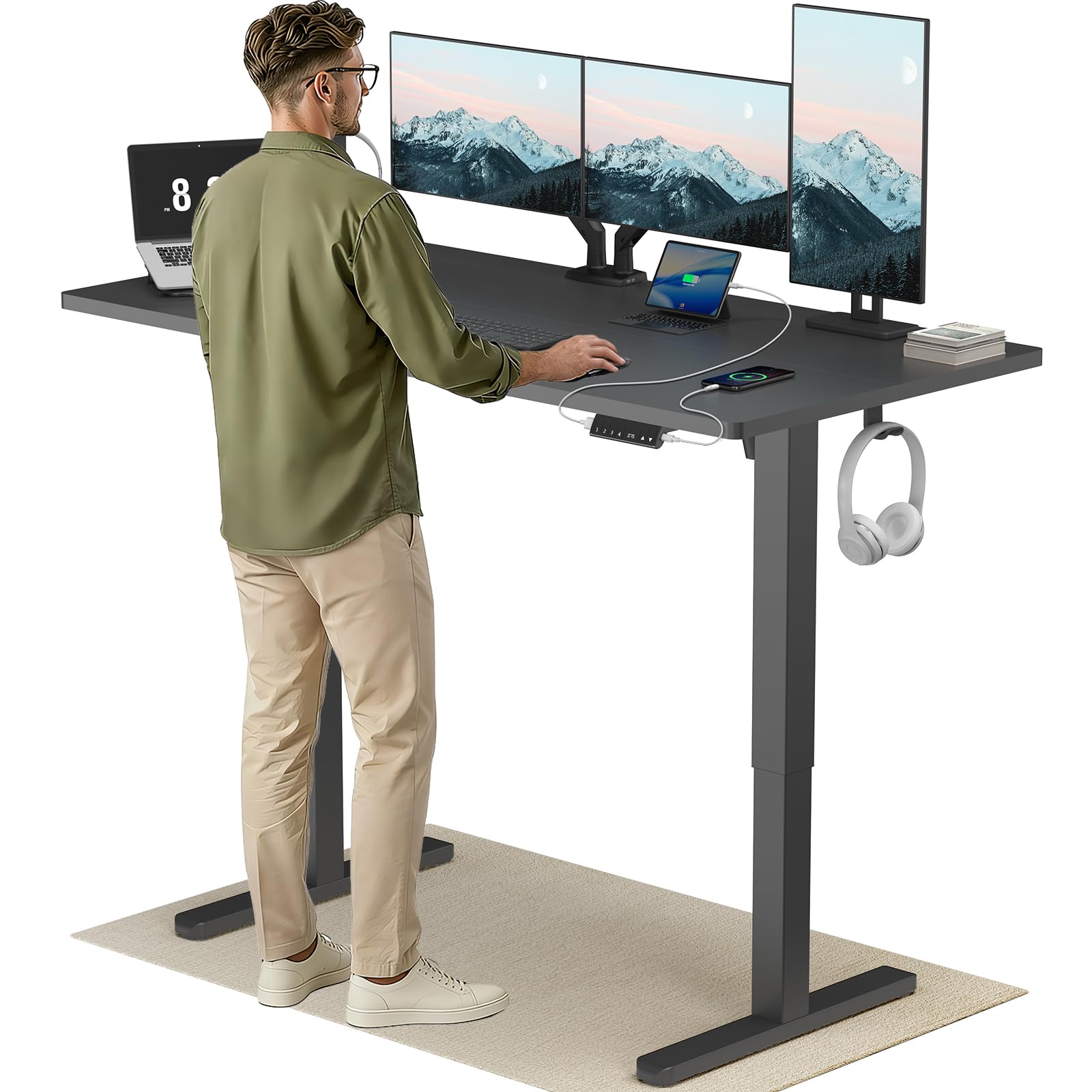 HUANUO Höhenverstellbarer Schreibtisch 120x80cm mit USB-C- & USB-A-Ladeanschluss, Höhenverstellbar von 72-118cm,4 Gedächtnis-Voreinstellungen, Kabelmanagement & Haken