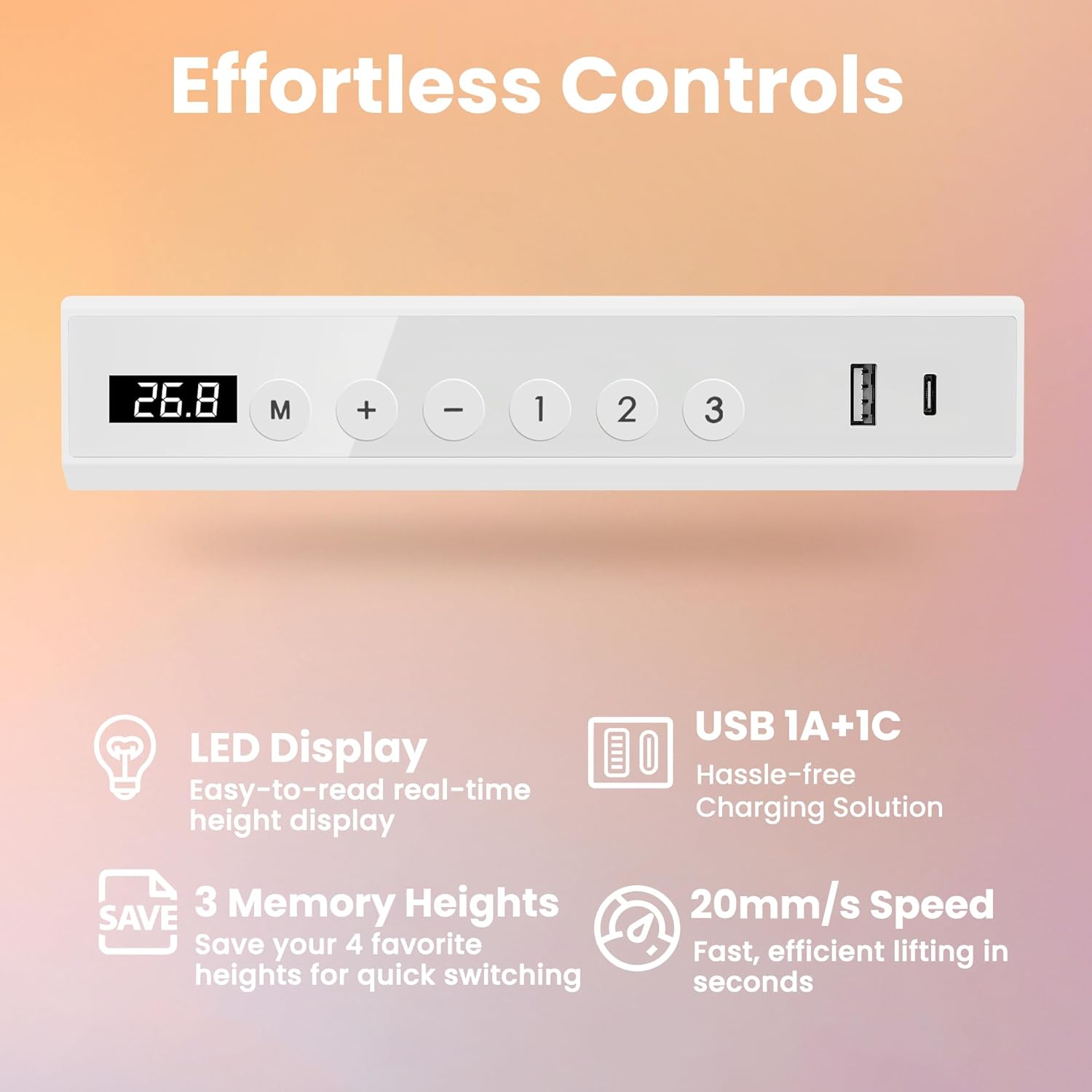 HUANUO Glass Standing Desk with Drawers, 35 x 20 Inch Electric Adjustable Height Desk, Quick Install One-Piece Tabletop with USB Charging Ports, White