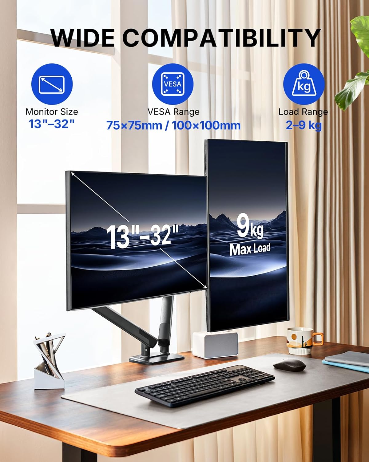 HUANUO Dual Monitor Arm for 13–32" Screens, MechaSpring Double Monitor Stand, FlowLift Pro Adjustable Monitor Mount with Tilt/Swivel/Rotation, Tool-Free VESA Mount, C-Clamp/Grommet Base, Max Load 9kg