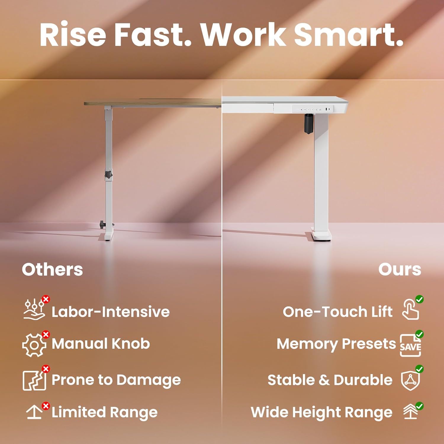 HUANUO Glass Standing Desk with Drawers, 35 x 20 Inch Electric Adjustable Height Desk, Quick Install One-Piece Tabletop with USB Charging Ports, White