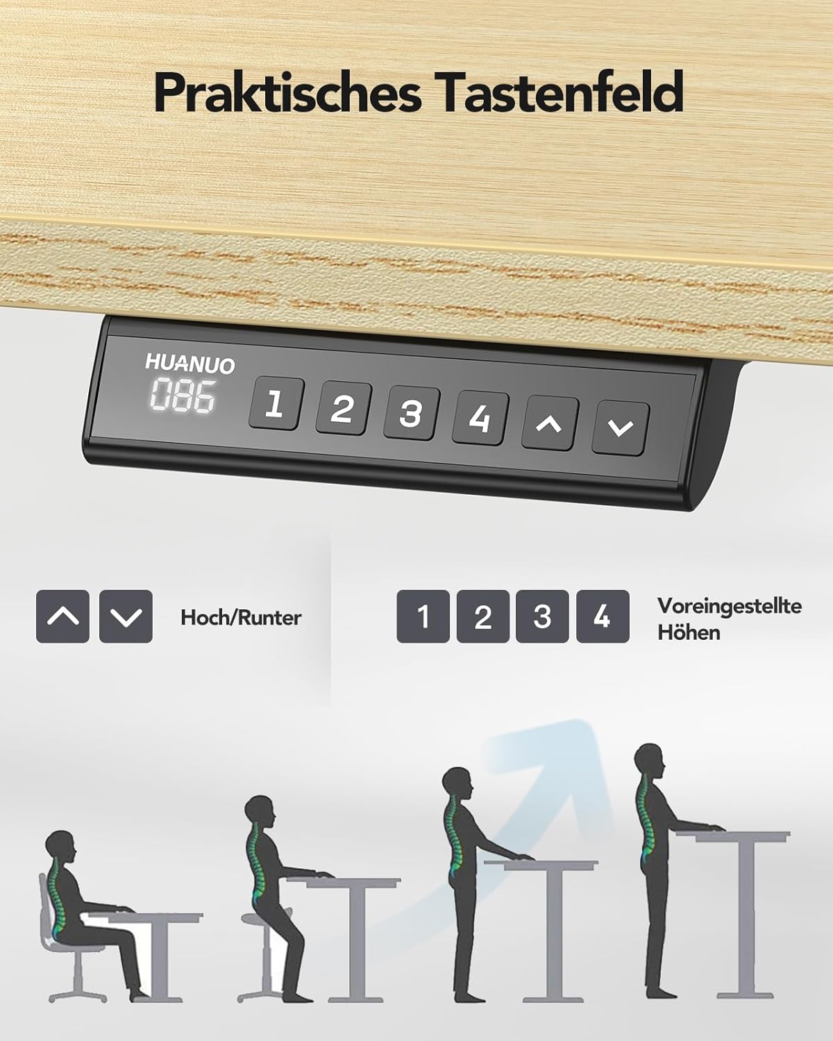 HUANUO Height-Adjustable Desk Frame with Brushless Motor, 100 kg Load Capacity, Table Legs, Desk Frame, Height Adjustable for Table Tops of 110 x 200 cm, Frame Only