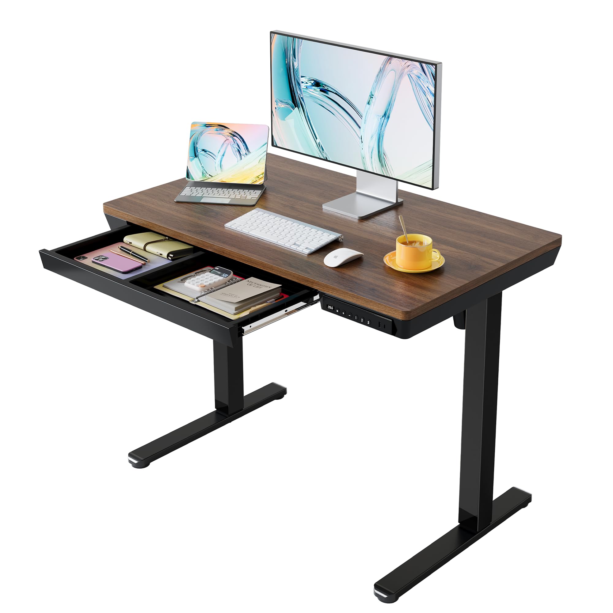HUANUO Glass Standing Desk with Drawers, 35 x 20 Inch Electric Adjustable Height Desk, Quick Install One-Piece Tabletop with USB Charging Ports, White