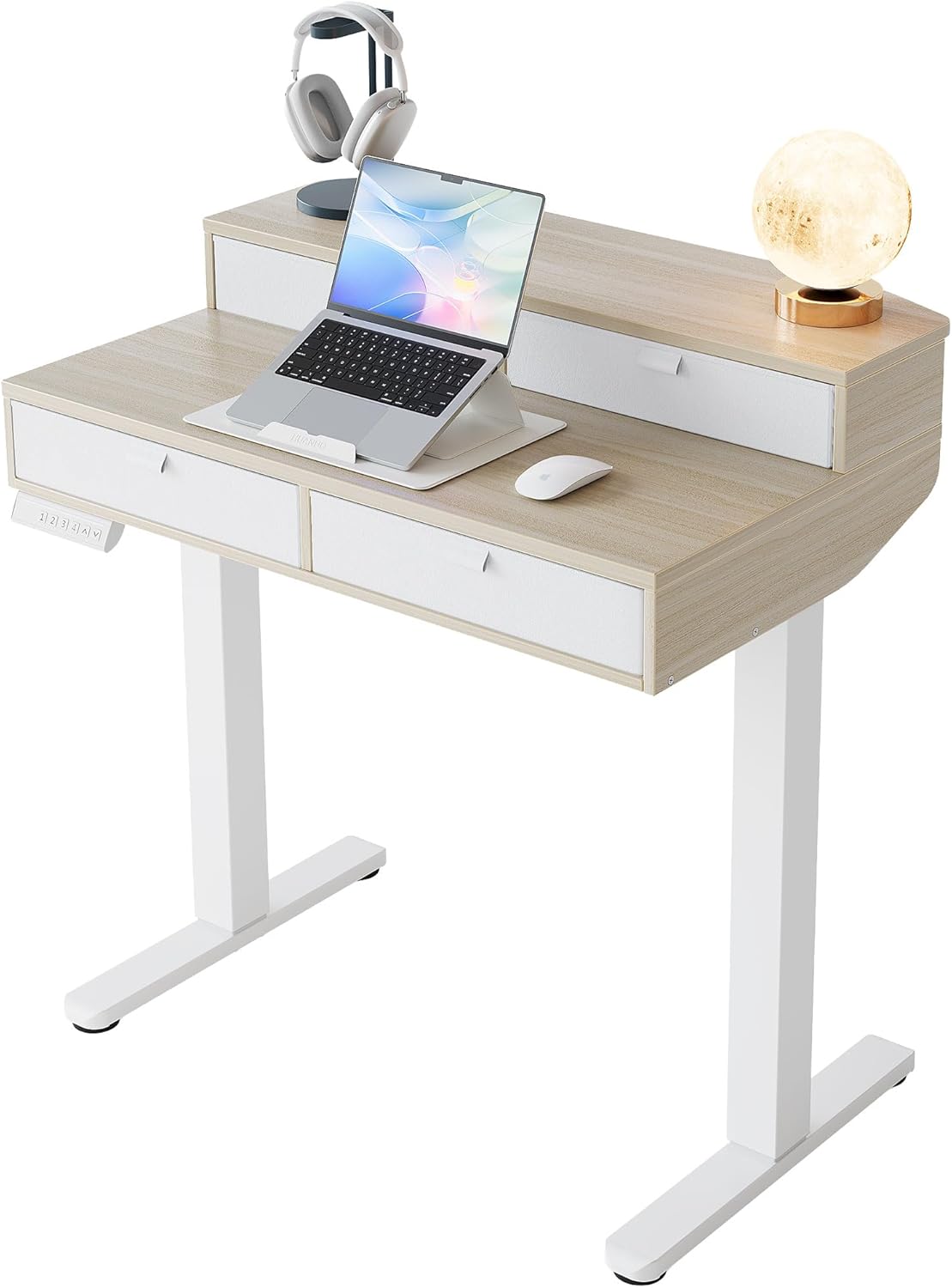 HUANUO 32 x 20 inch Electric Standing Desk with 4 Drawers, Adjustable Height Sit Stand Home Office Desk C-Clamp Mount Compatible, Ergonomic Stand up Desk with 4 Preset Heights, Natural