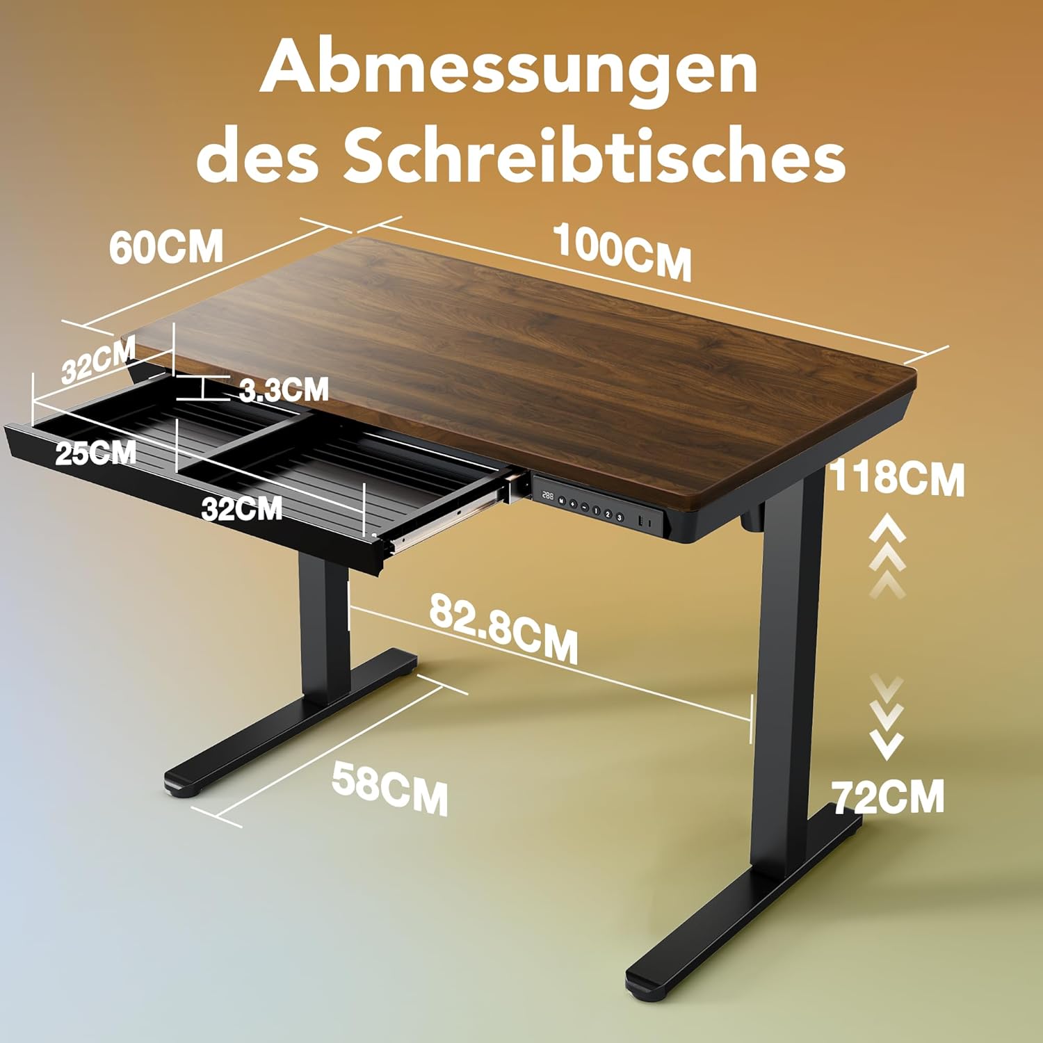 HUANUO 100 x 60 cm Höhenverstellbarer Schreibtisch mit Schublade, Höhenverstellbarer Schreibtisch Ganze Tischplatte, USB-Aufladeanschluss und 3 Memory-Funktion, Walnussholz