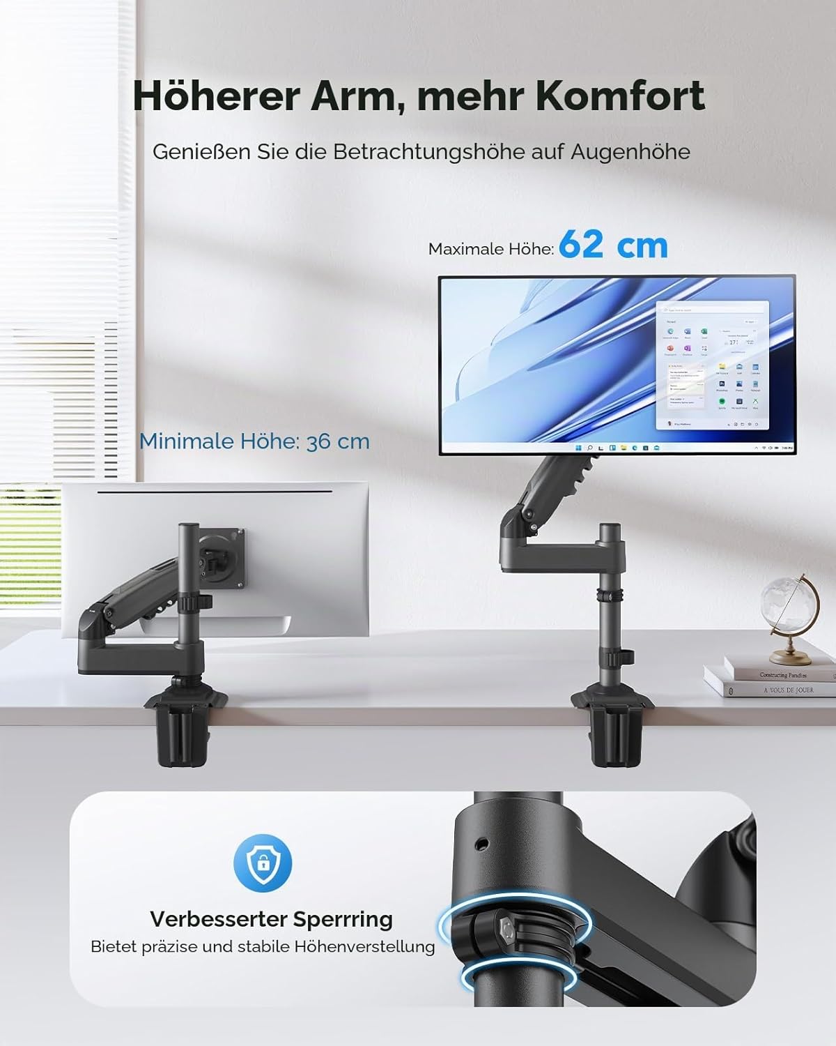 HUANUO Ergonomischer Monitor Halterung 30% höher, Monitor Arm für 13-34 Zoll (2-9 kg) Monitorhalterung höhenverstellbar, schwenkbar, neigbar, 360° drehbar, für Office & Gaming, VESA 75 & 100 mm