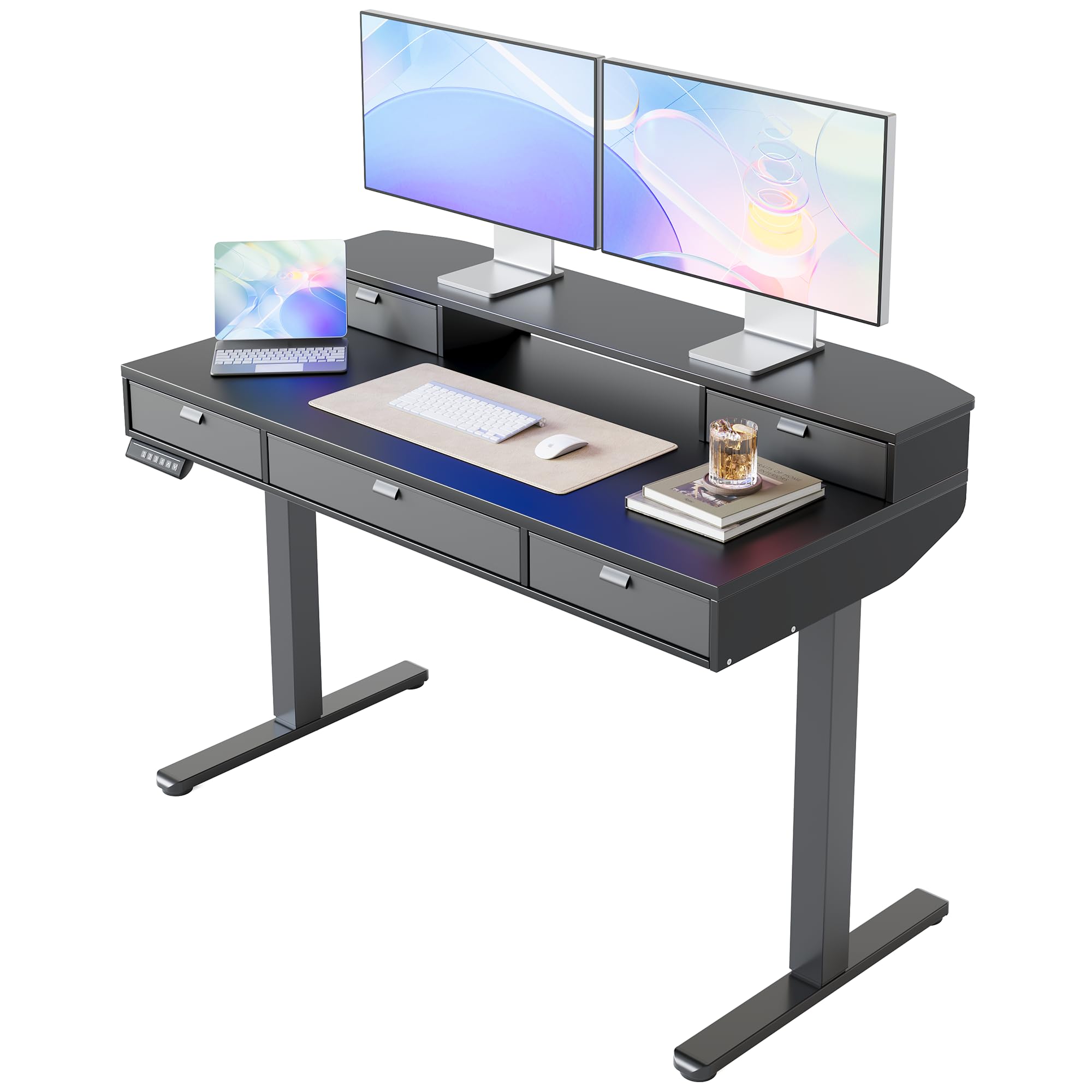 HUANUO 32 x 20 inch Electric Standing Desk with 4 Drawers, Adjustable Height Sit Stand Home Office Desk C-Clamp Mount Compatible, Ergonomic Stand up Desk with 4 Preset Heights, Natural