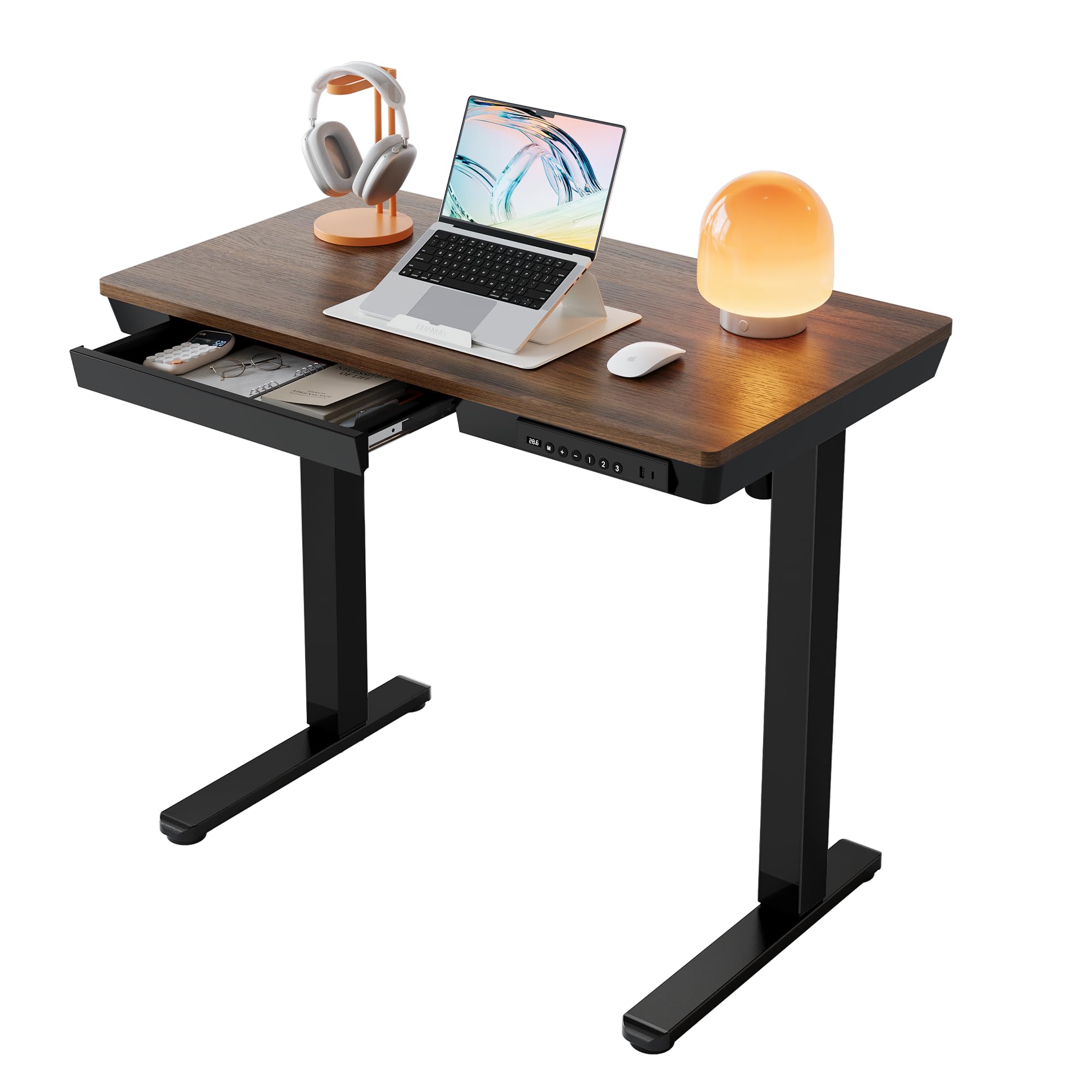 HUANUO Glass Standing Desk with Drawers, 35 x 20 Inch Electric Adjustable Height Desk, Quick Install One-Piece Tabletop with USB Charging Ports, White